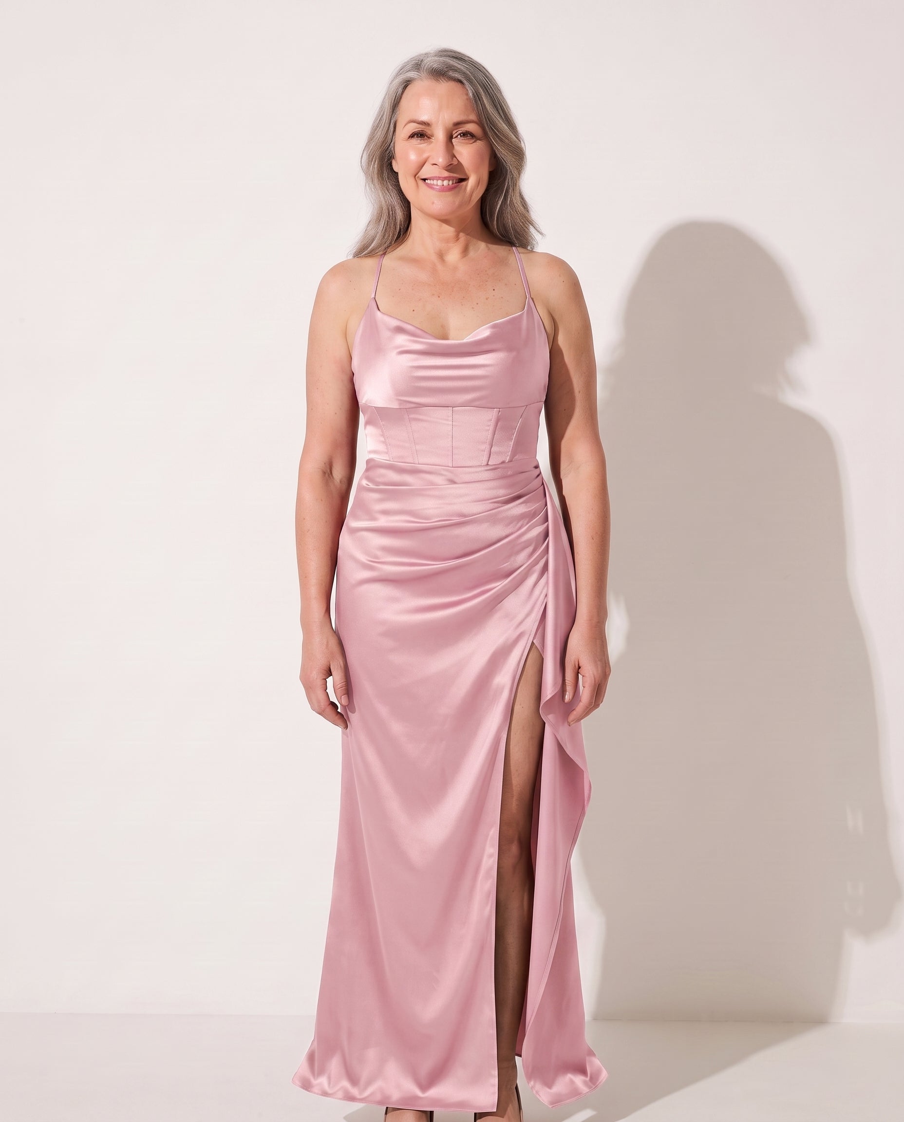 Thalia | Black Ruched Satin Bodycon Maxi Dress Wedding Guest — Pink