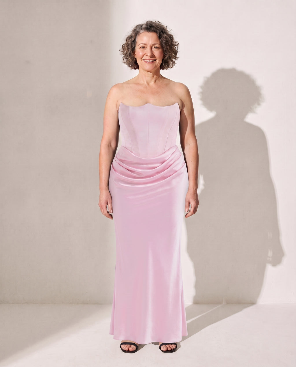 Ursula | Brown Satin Strapless Bodice Maxi Evening Dress — Pink