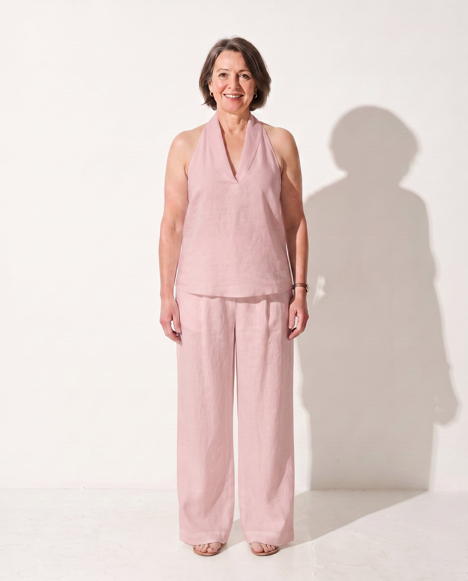 Mirabelle | Camel Wide Leg Trousers Halterneck Co-Ord Set — Pink