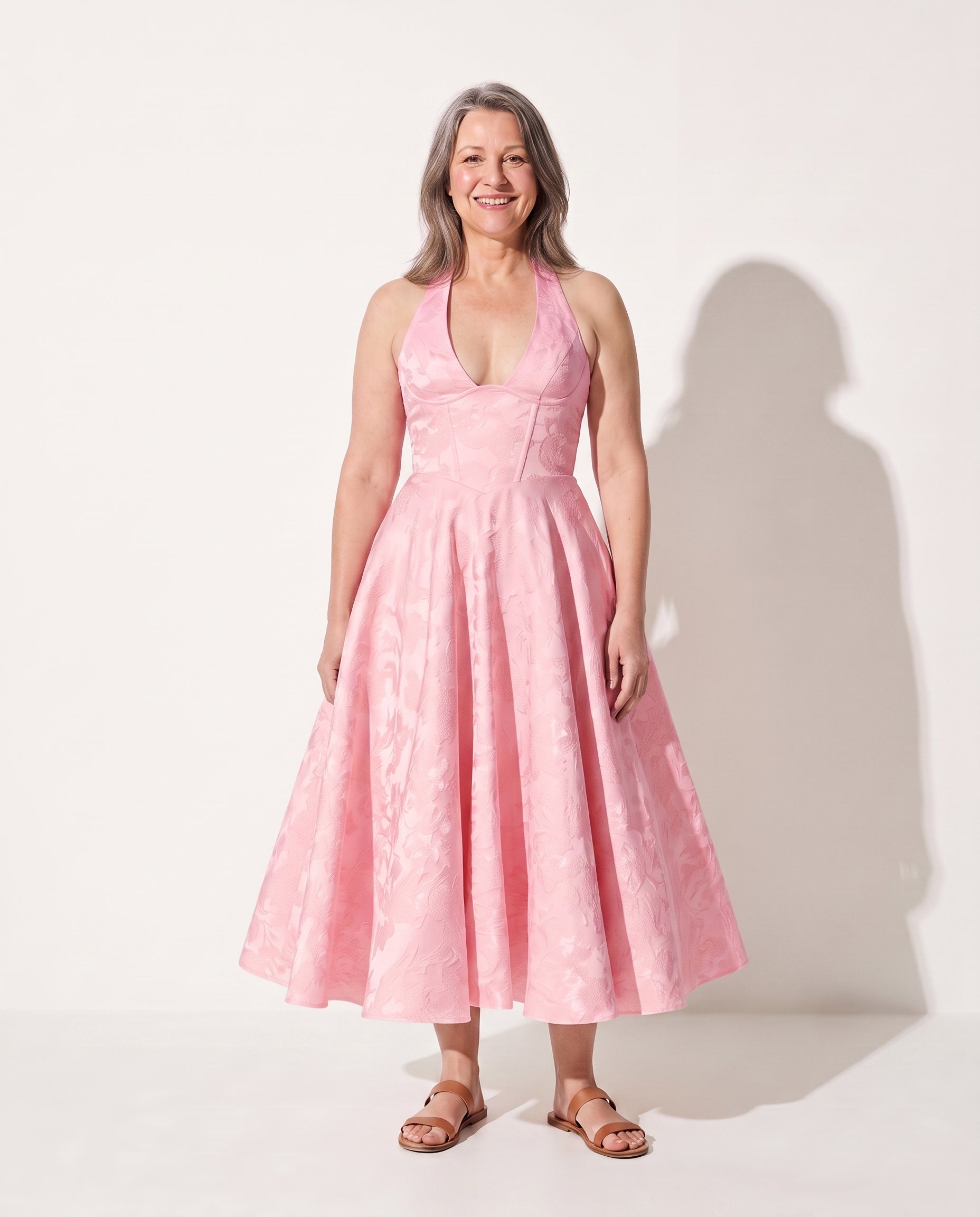 Honorine | Velvet Plunge Neck Midi Dress Occasion Fit Flare — Pink