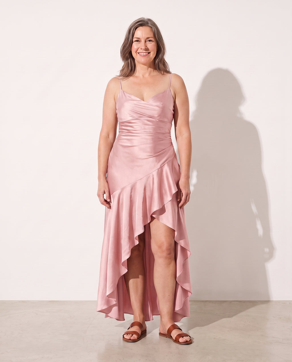 Penelope | Women Cowl Neck Satin Slip Maxi Wedding Guest Dress — Pink