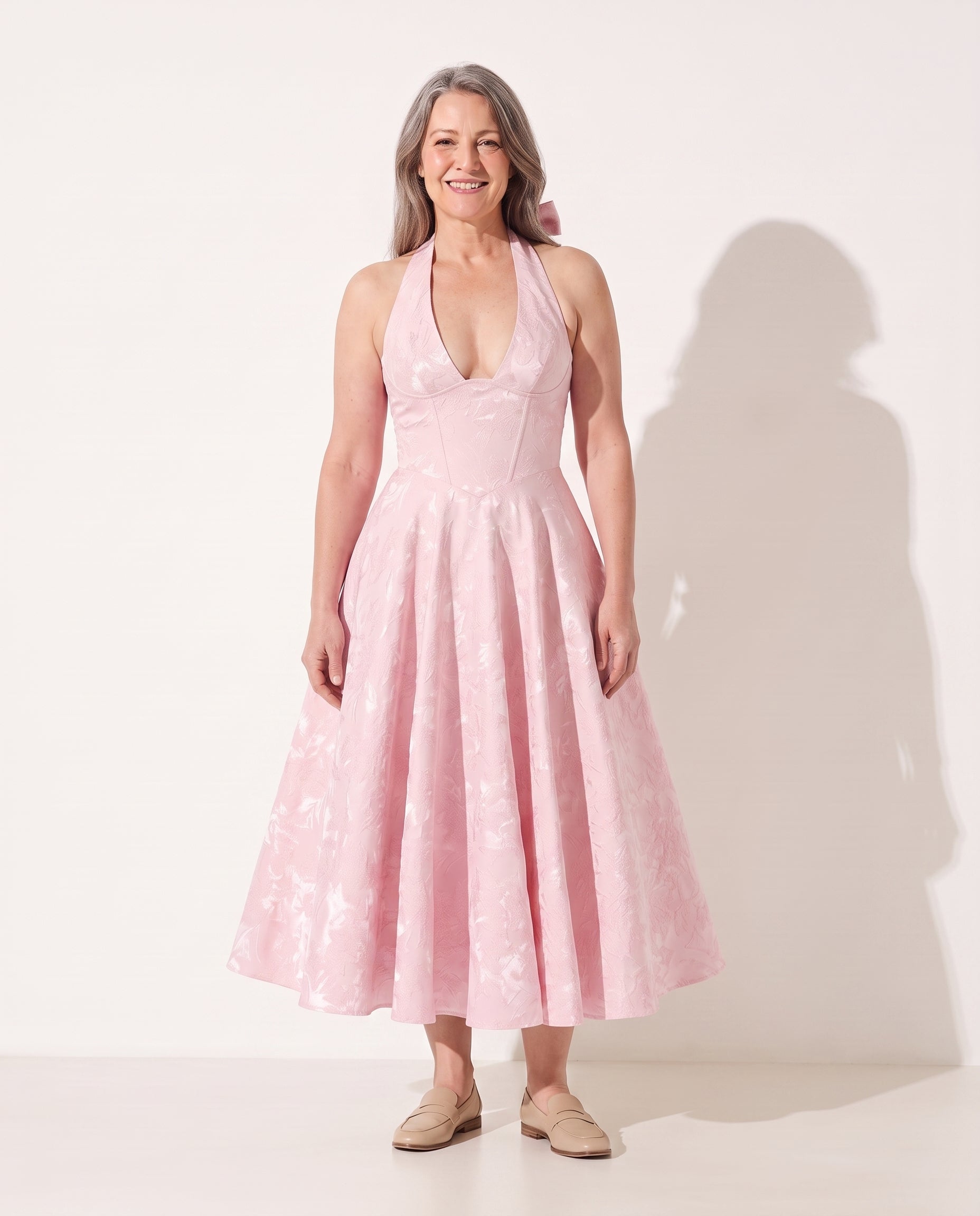 Constance | Women Velvet Halter Midi Dress Wedding Guest — Pink
