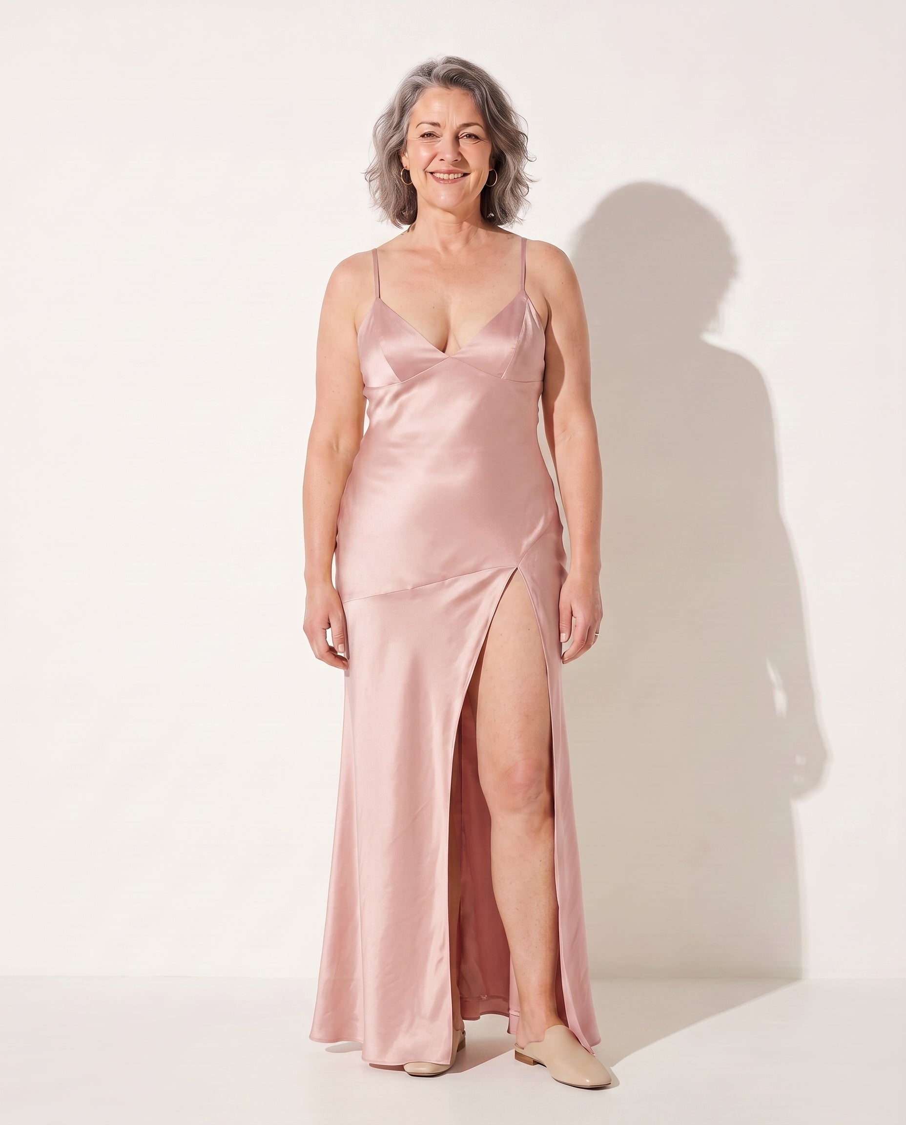 Henriette | Satin Side Split Wedding Guest Maxi Dresses — Pink