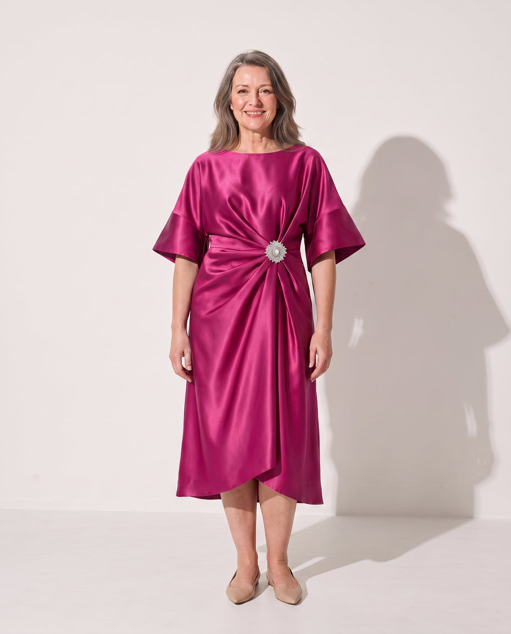 Aurelia | Satin Brooch Midi Dress With Kimono Sleeves — Pink