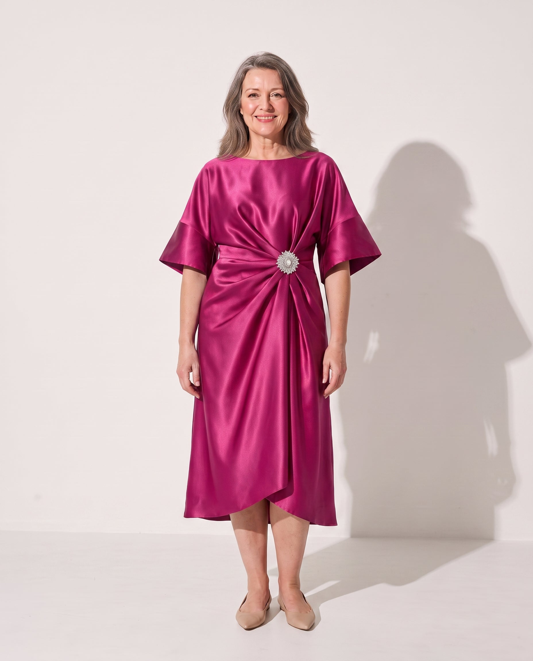 Aurelia | Satin Brooch Midi Dress With Kimono Sleeves — Pink