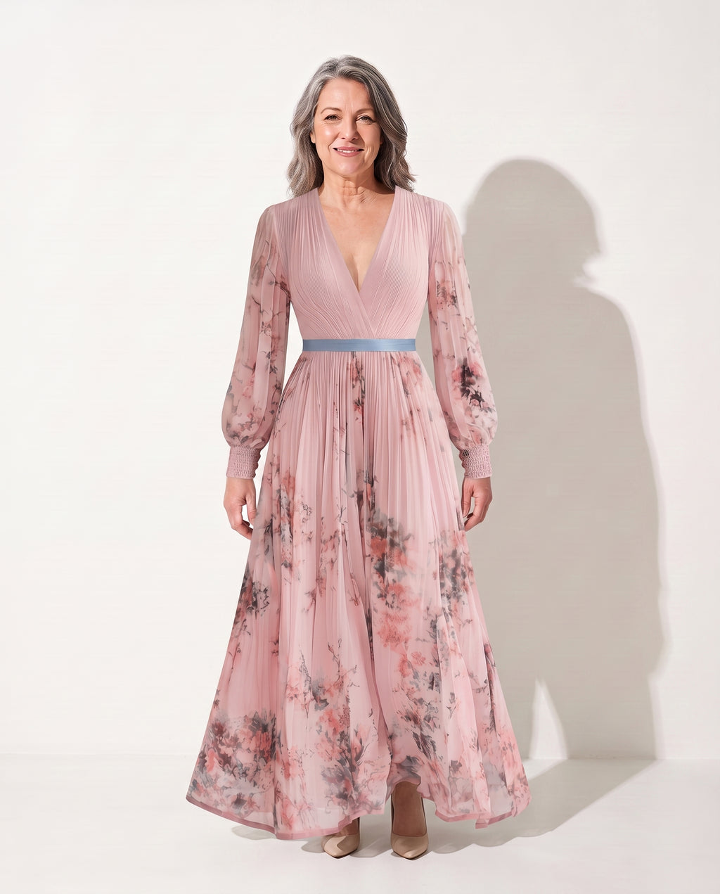 Floriane | Long Sleeve Floral Maxi Wedding Guest Dresses — Pink (5 Left)
