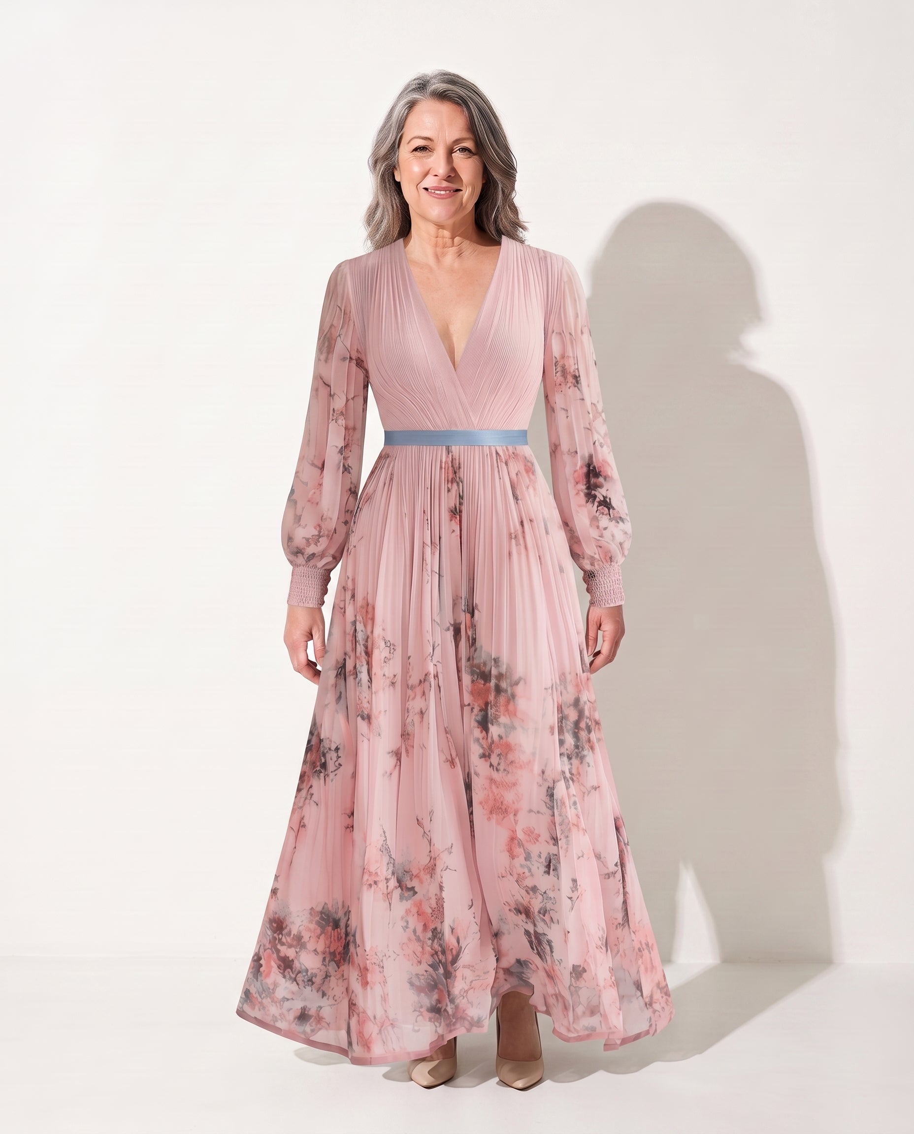 Floriane | Long Sleeve Floral Maxi Wedding Guest Dresses — Pink (5 Left)