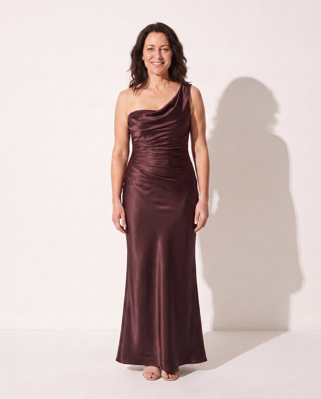 Rosaline | Long Sleeve Satin Dress Corset Maxi Evening Gown — Plum Brown