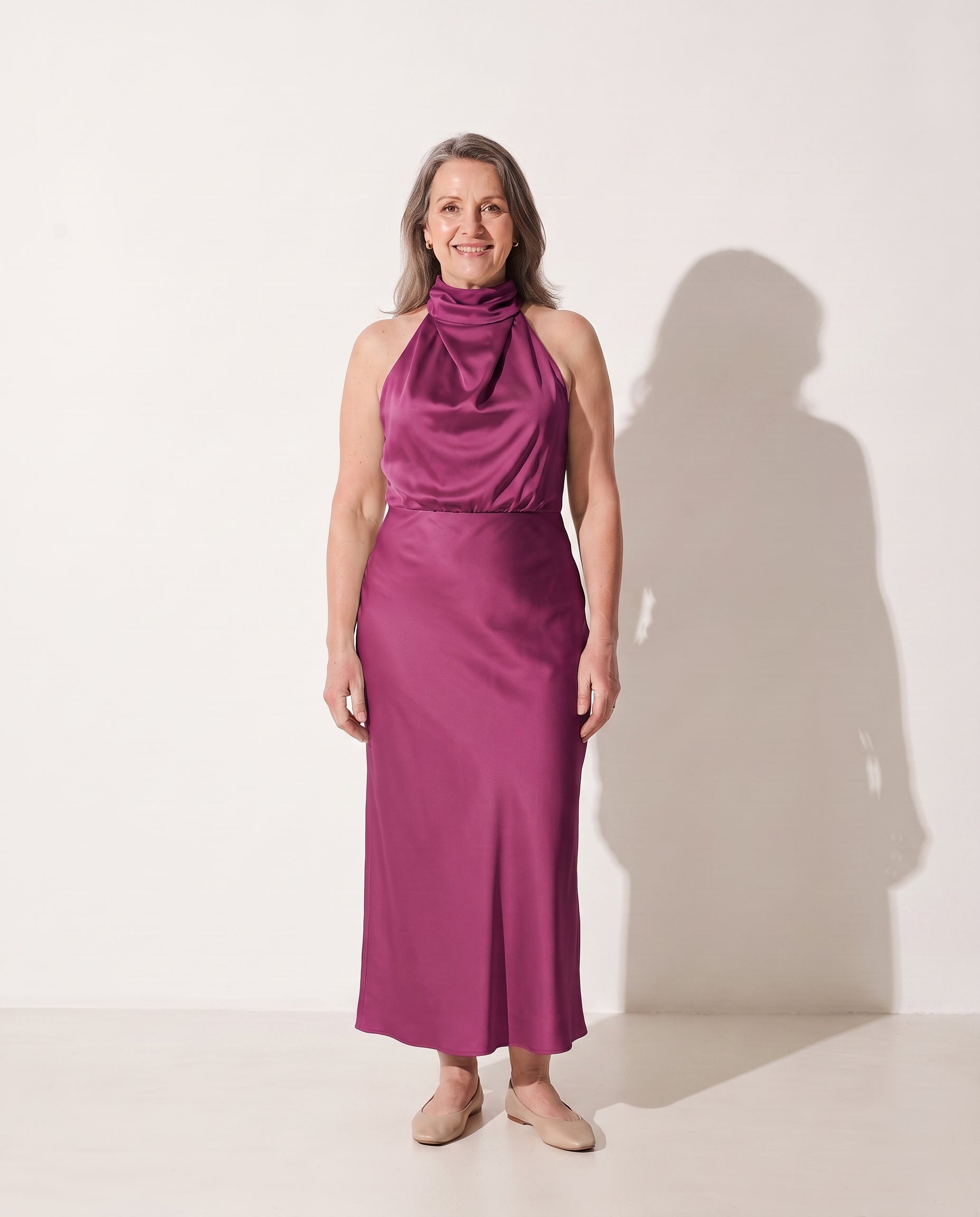 Francesca | Cinderella Wedding Dress Cowl Neck Satin Slip Midi — Purple
