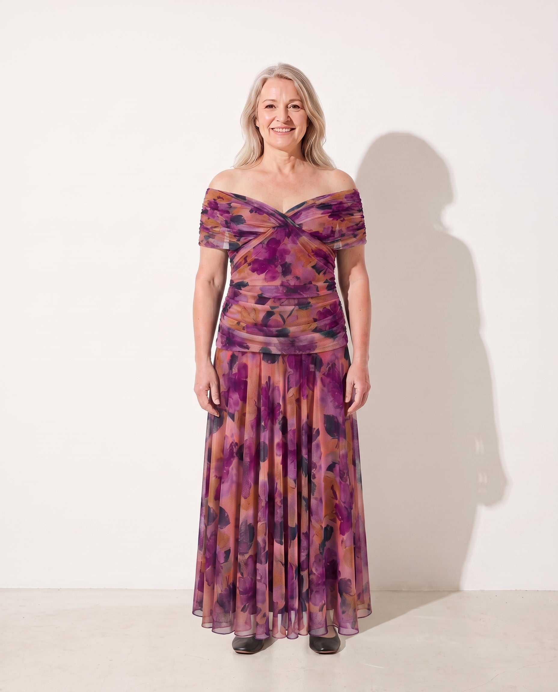 Genevieve | Bebe Off-Shoulder Ruched Dresses Evening Wear — Purple
