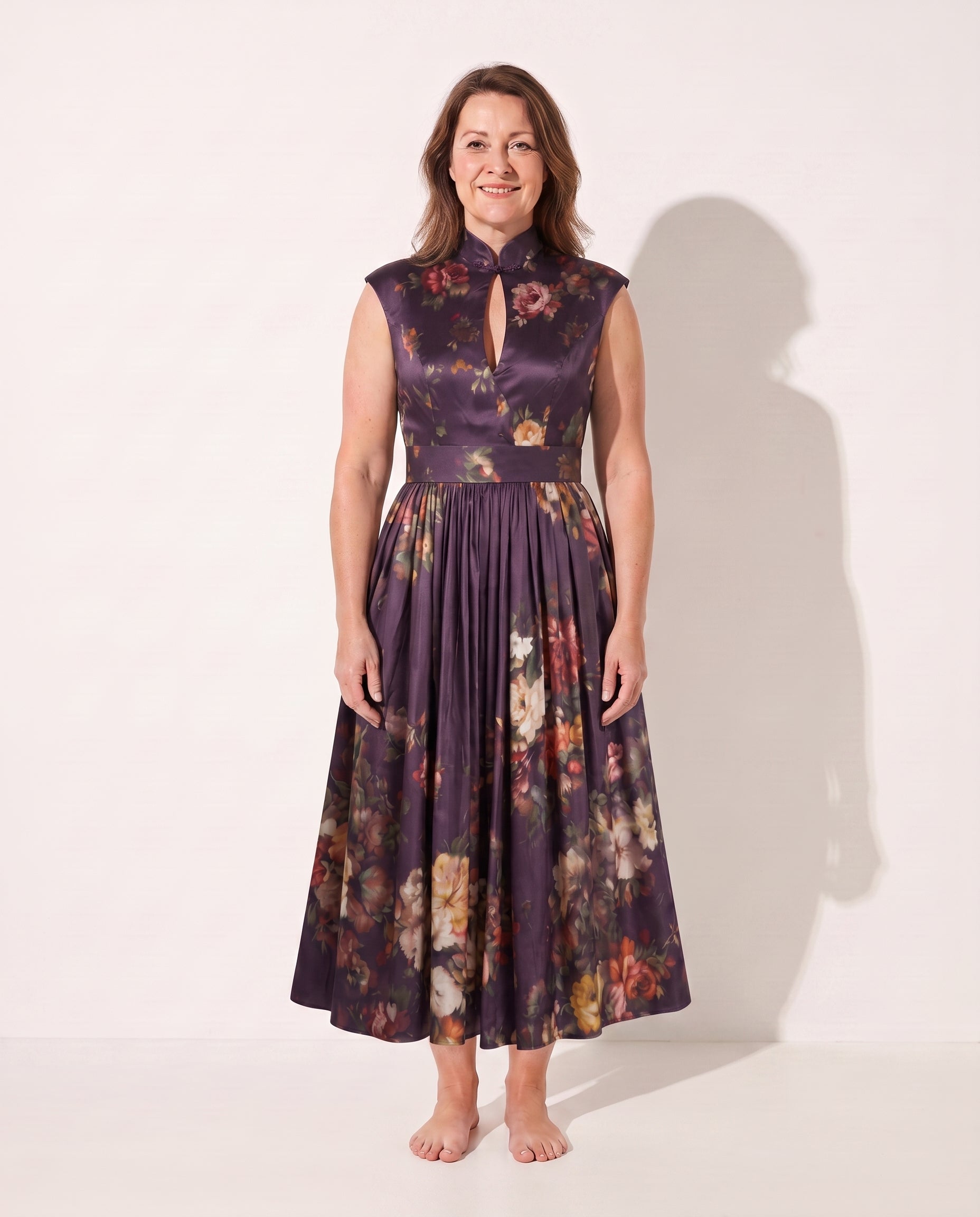 Sidonie | Long Sleeve Floral Midi Wedding Guest Dresses — Purple