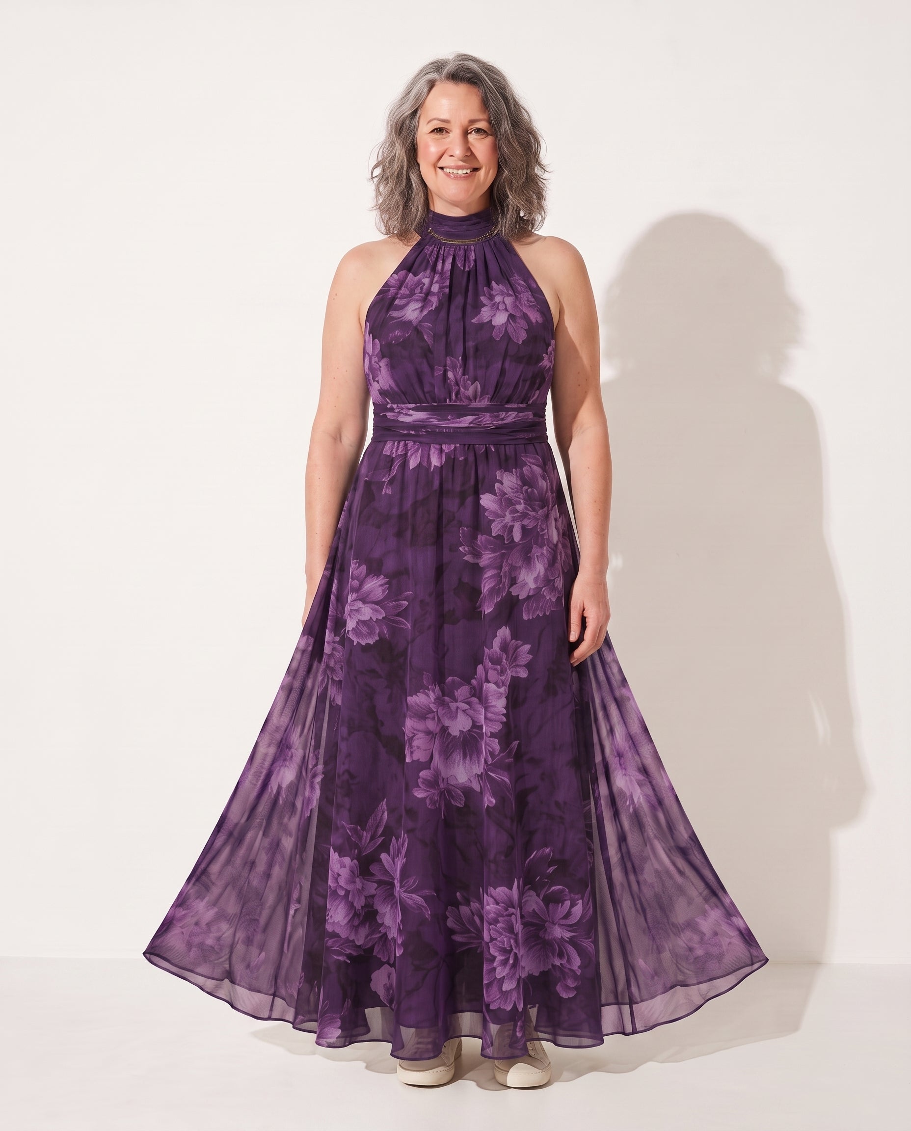 Beatrix | Floral Halter Maxi Autumn Wedding Guest Dresses — Purple