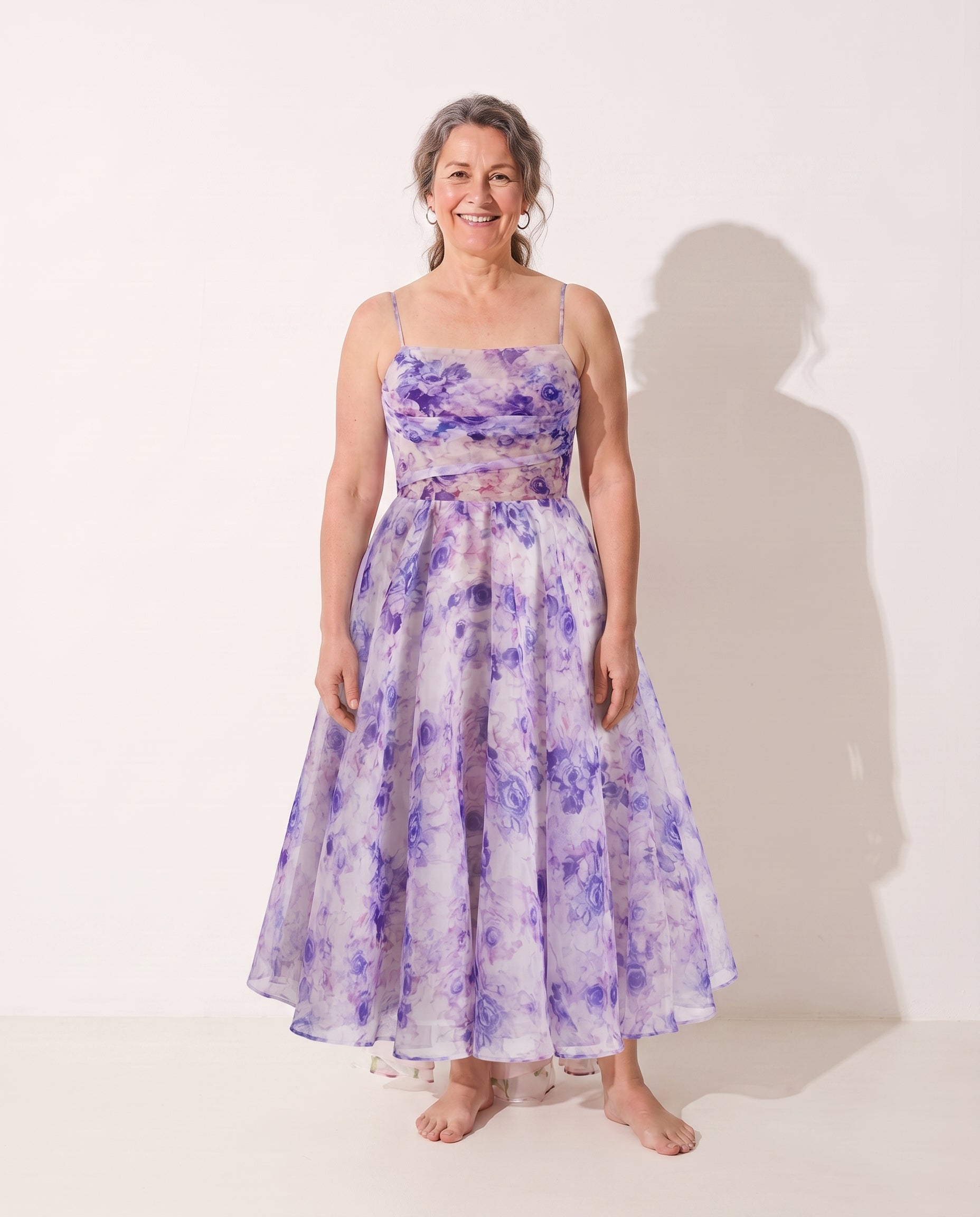 Oceane | Long Sleeve Floral Midi Dress For Garden Parties — Purple