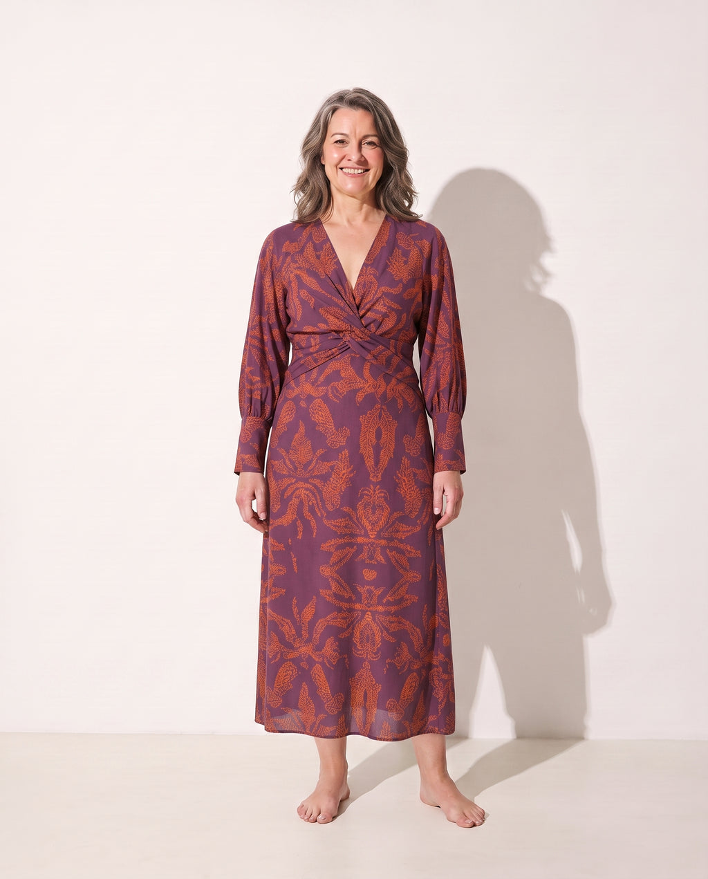 Marguerite | Long Sleeve Wrap Midi Dress With Painterly Print — Purple