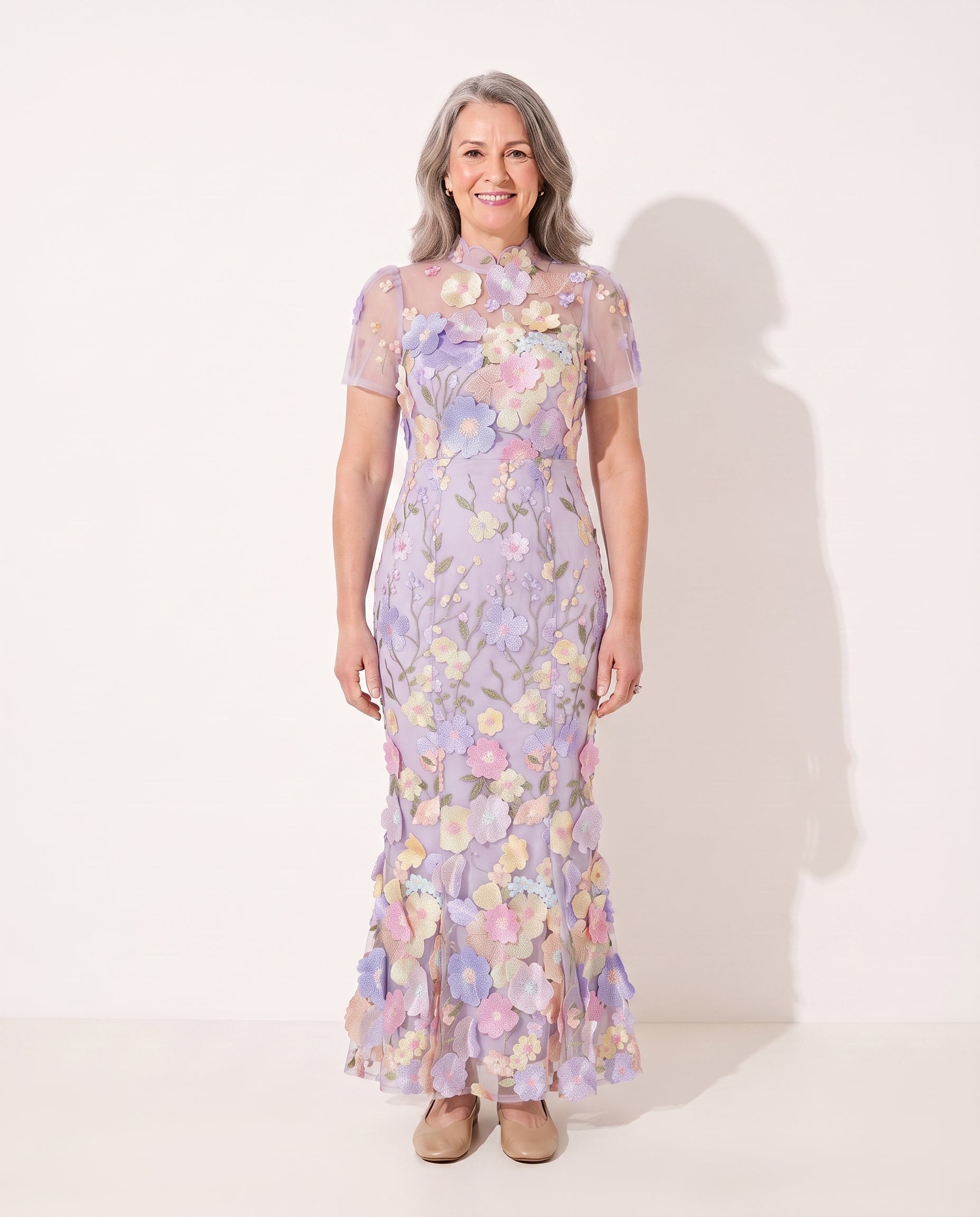 Adeline | Floral Autumn Wedding Guest Dresses Midi Appliqué — Purple
