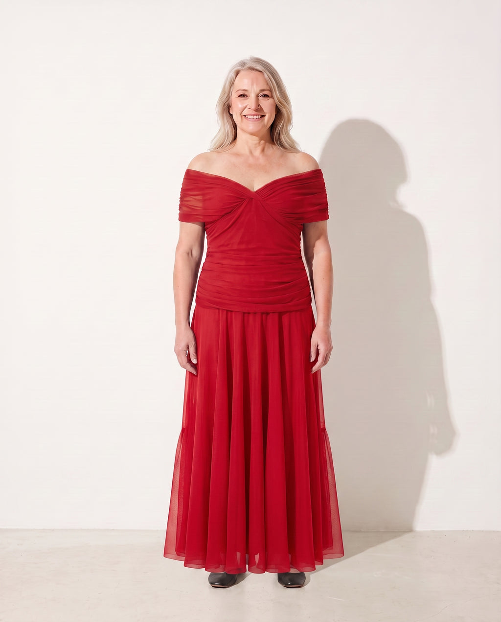 Genevieve | Bebe Off-Shoulder Ruched Dresses Evening Wear — Red