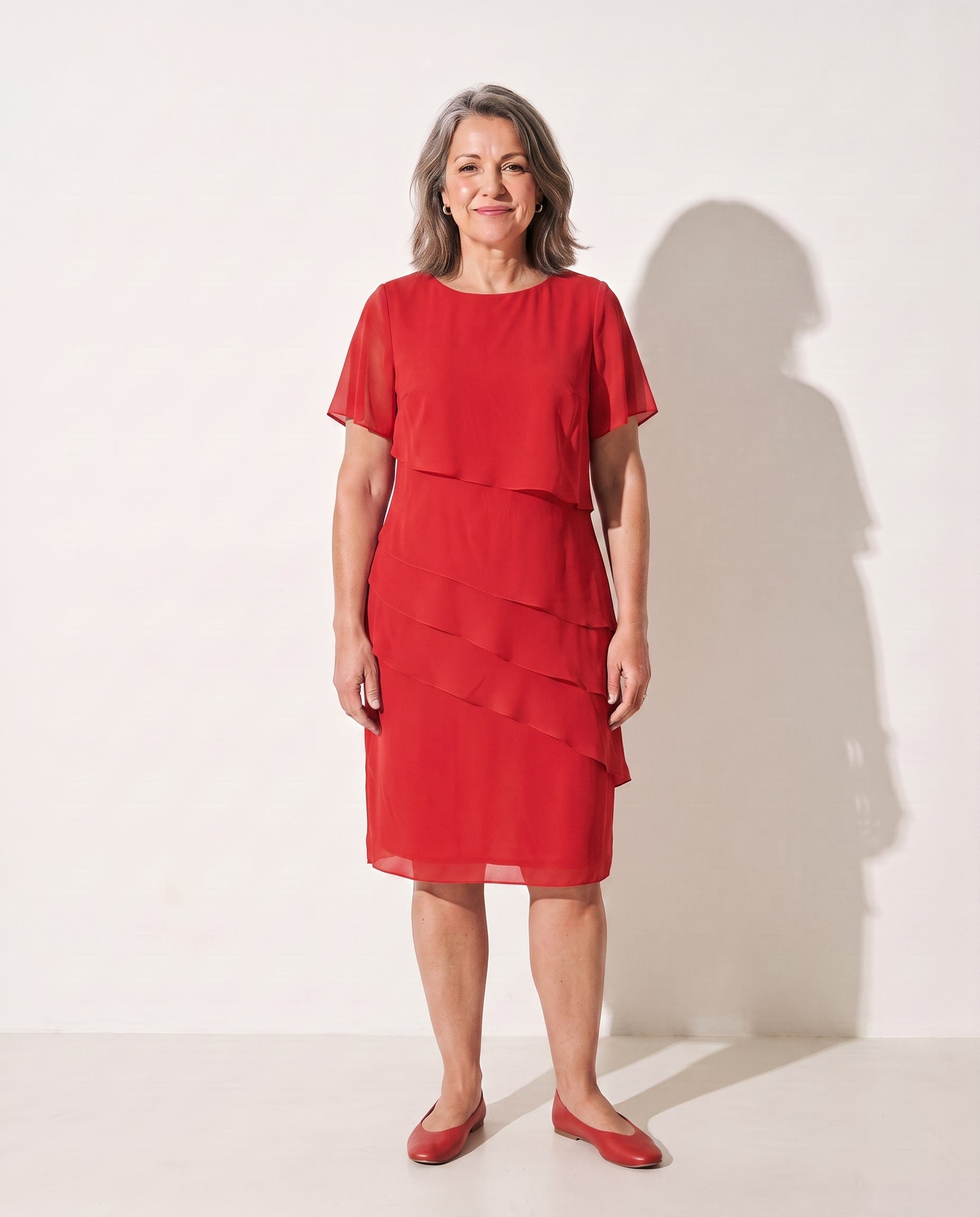 Thalia | Long Sleeve Tiered Chiffon Midi Dress For Every Occasion — Red