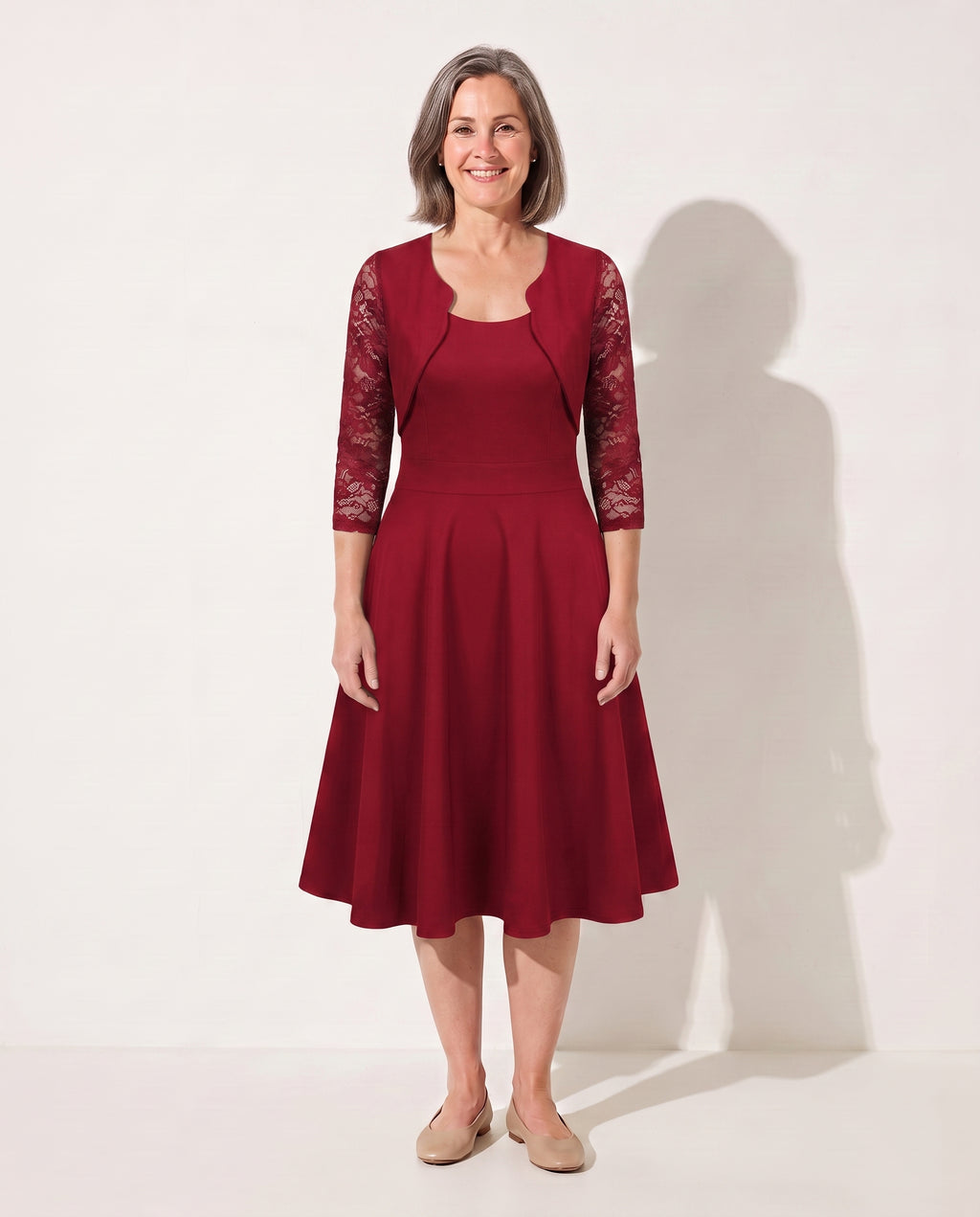 Sabine | Long Sleeve Lace Midi Wedding Guest Dresses — Red