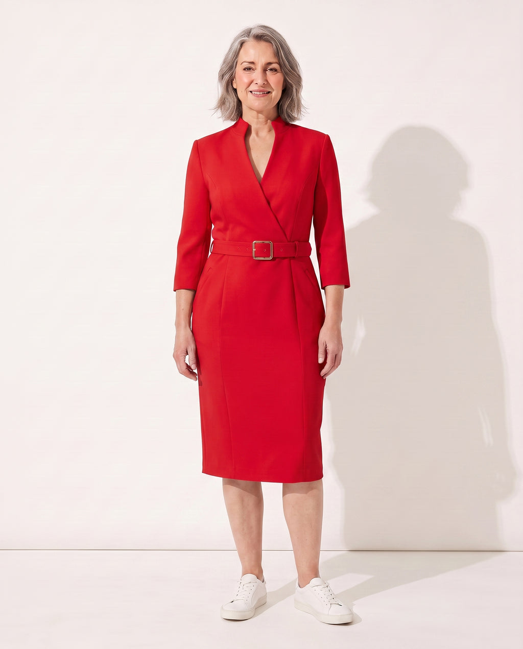 Sabine | Women Long Sleeve Midi Dress For Work & Occasion Wear — Red