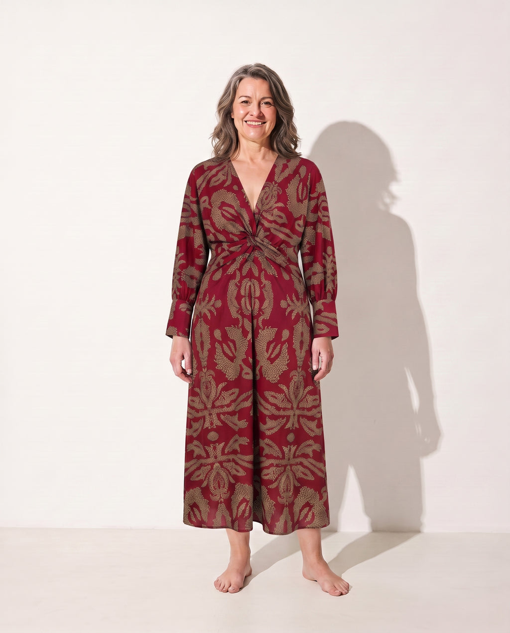 Marguerite | Long Sleeve Wrap Midi Dress With Painterly Print — Red