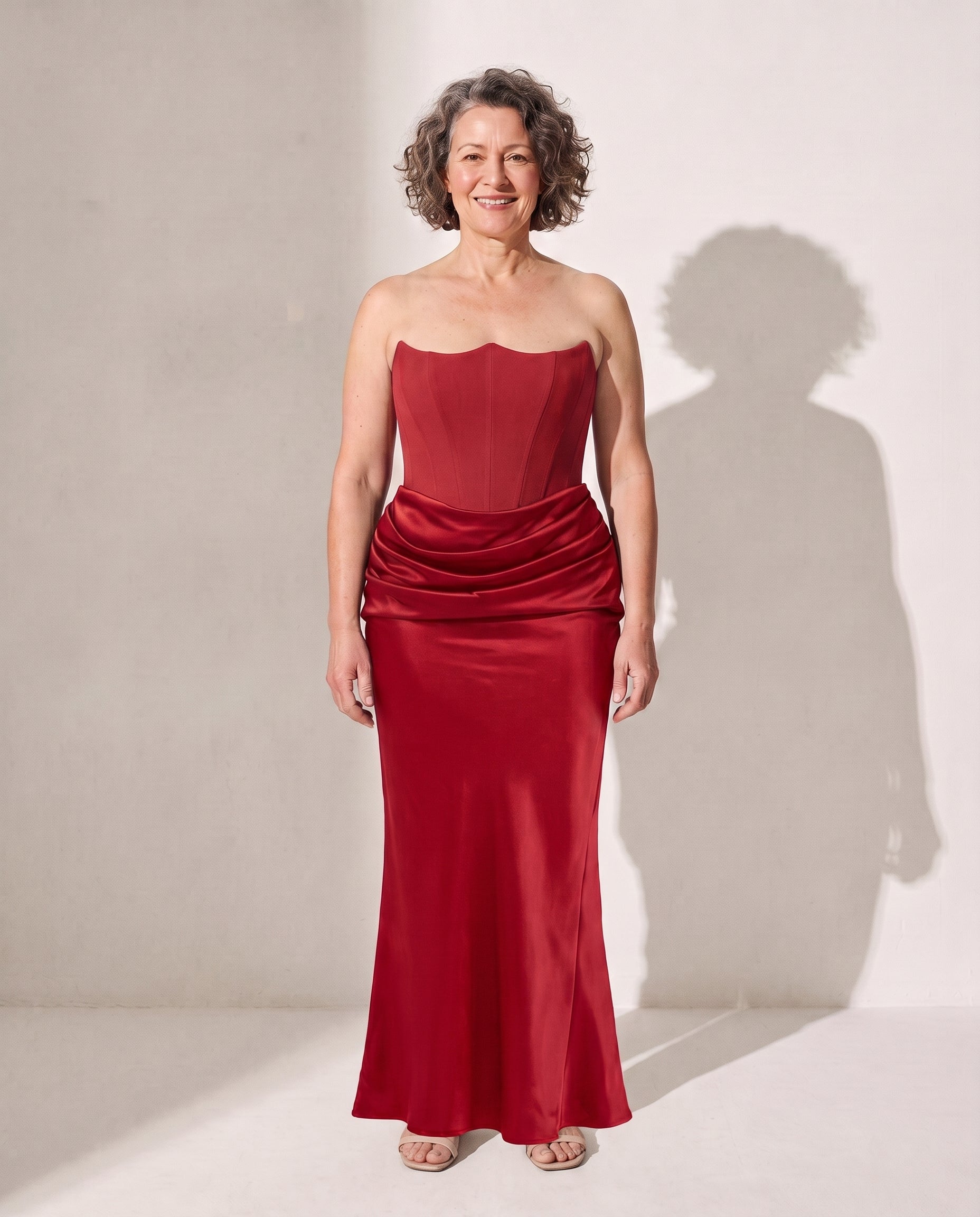 Ursula | Brown Satin Strapless Bodice Maxi Evening Dress — Red