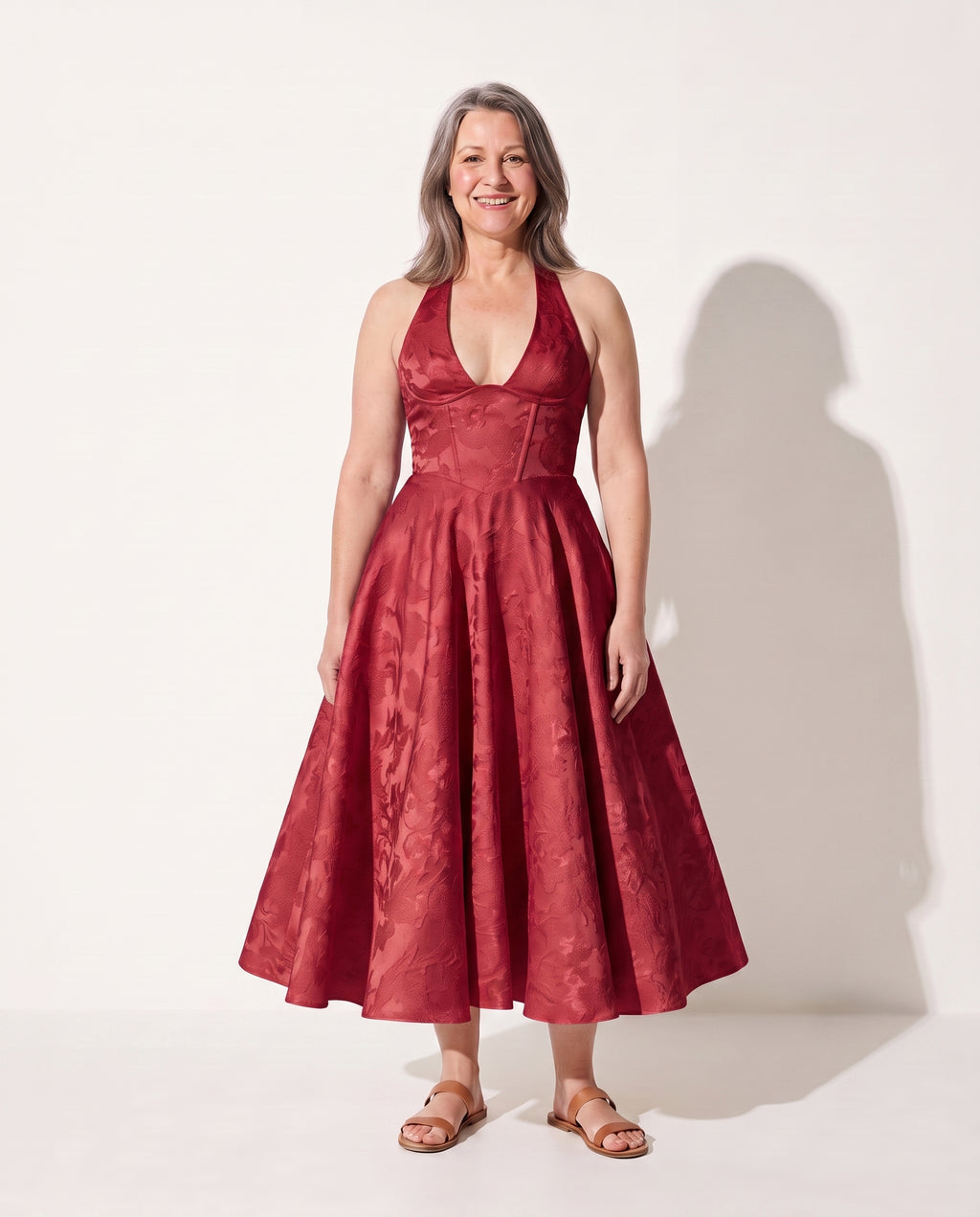 Honorine | Velvet Plunge Neck Midi Dress Occasion Fit Flare — Red
