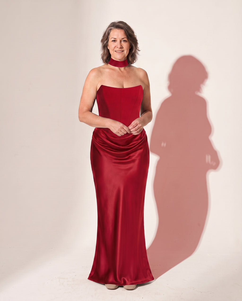 Oriane | Black Corset Strapless Satin Maxi Dress Formal Gown — Red