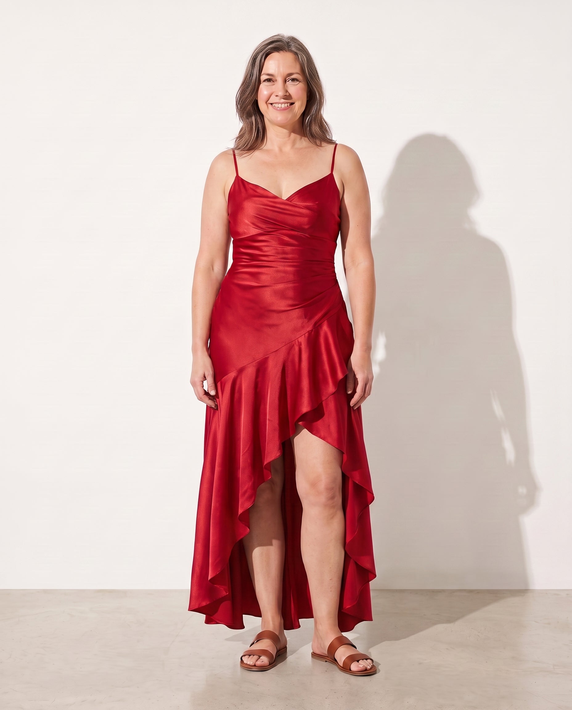Penelope | Women Cowl Neck Satin Slip Maxi Wedding Guest Dress — Red