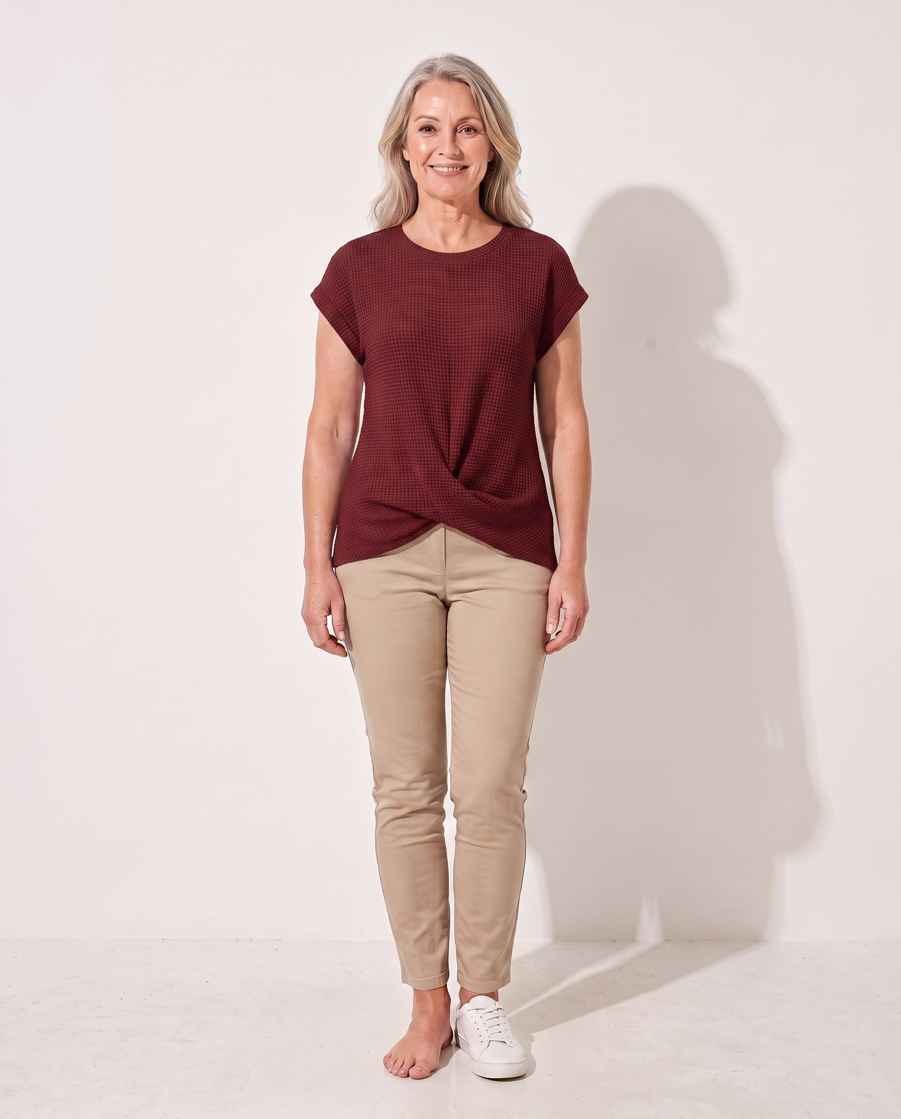 Persephone | Waffle Knit Sweater Tee Everyday Layering — Red