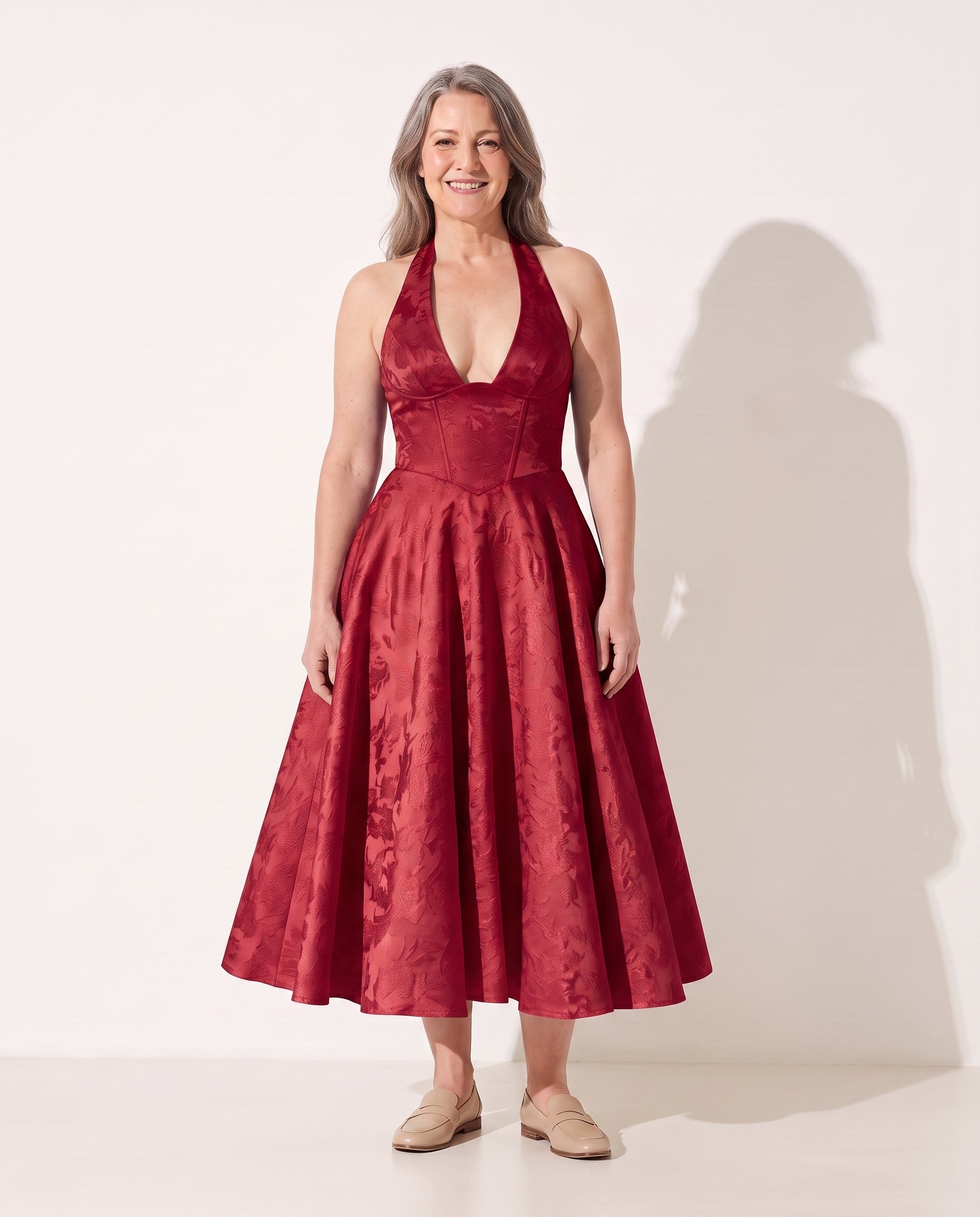 Constance | Women Velvet Halter Midi Dress Wedding Guest — Red