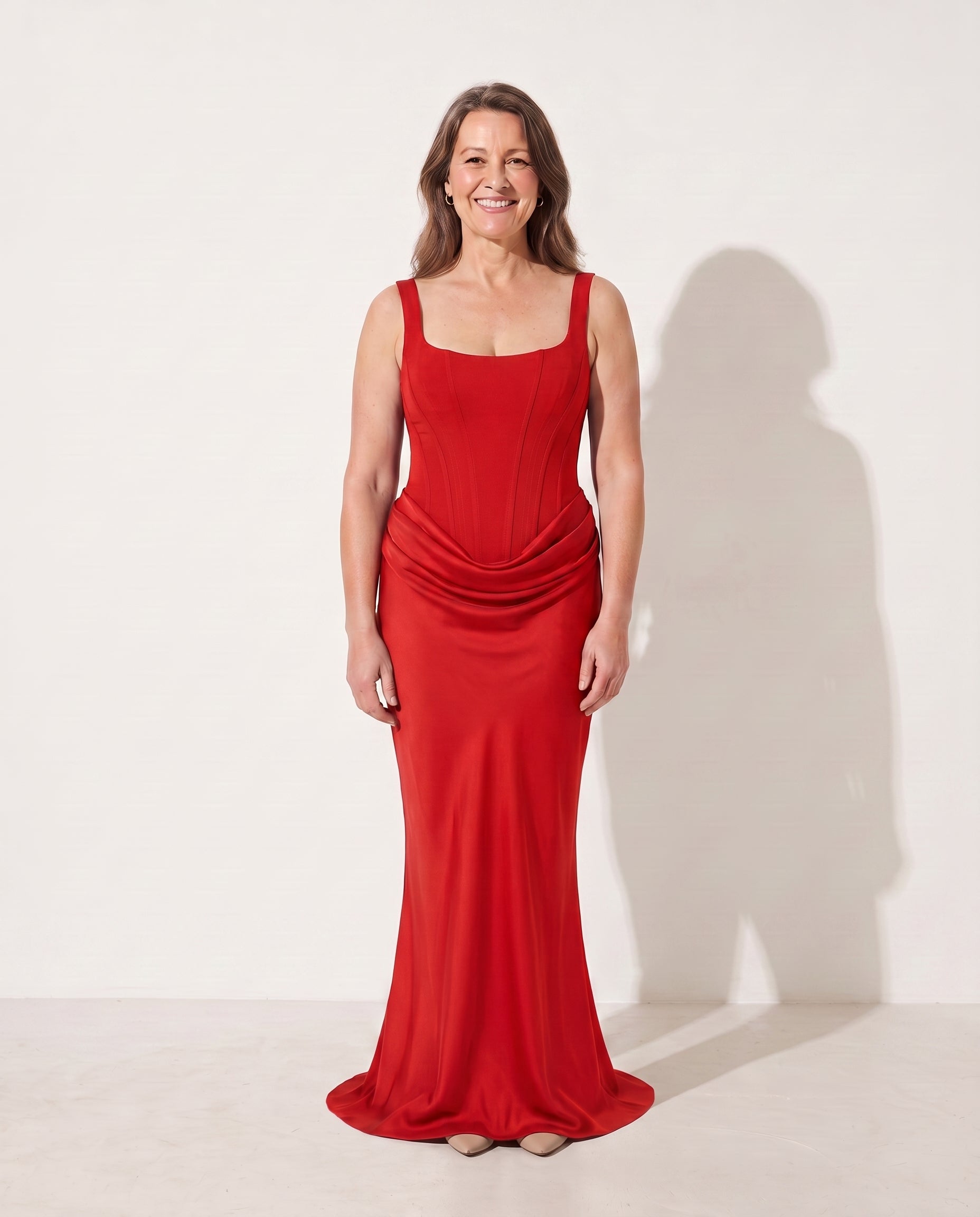 Violaine | Women Square Neck Lace Corset Maxi Wedding Guest Dress — Red