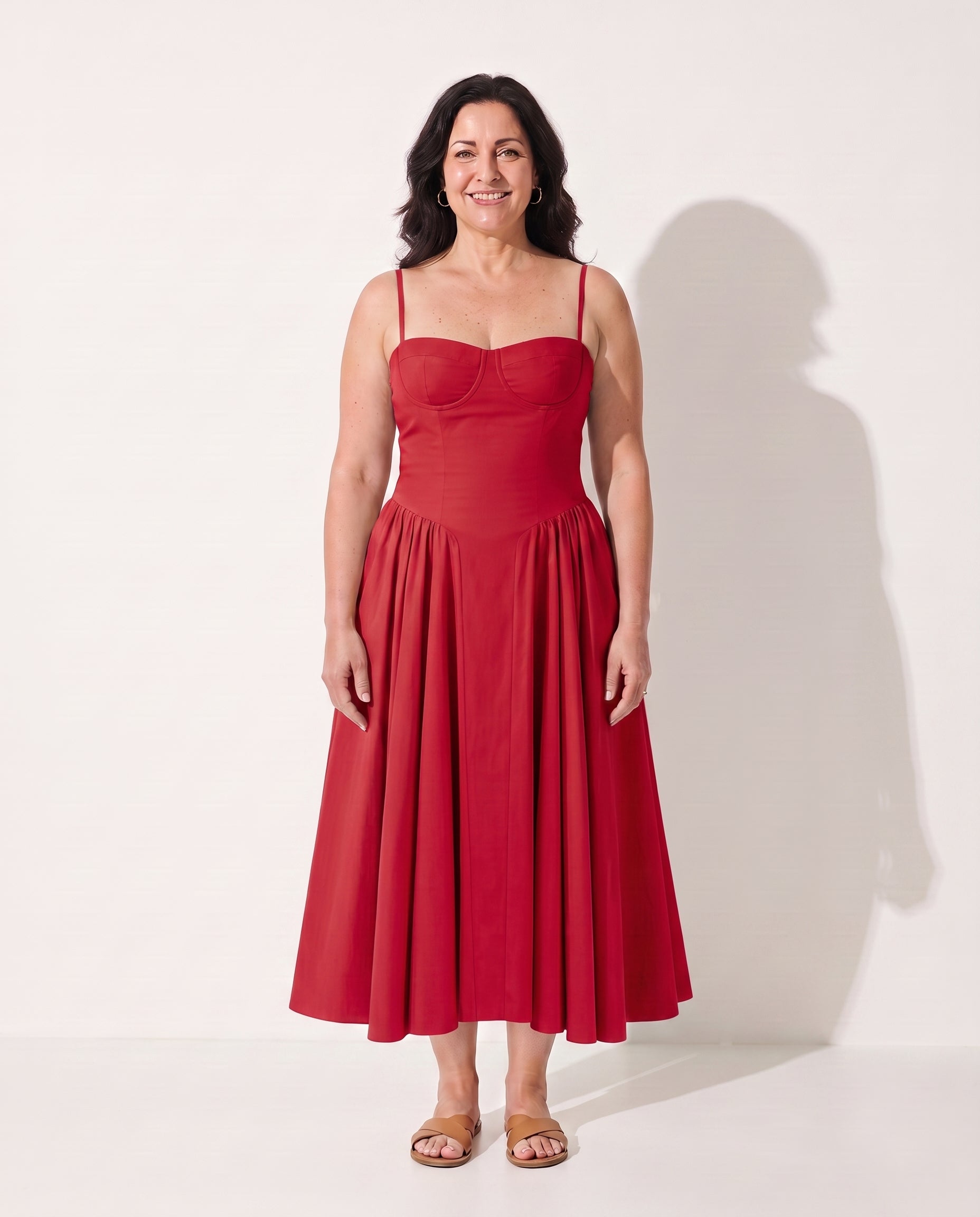 Ninon | Red Corset Dress Midi Underwired Sweetheart Neckline — Red