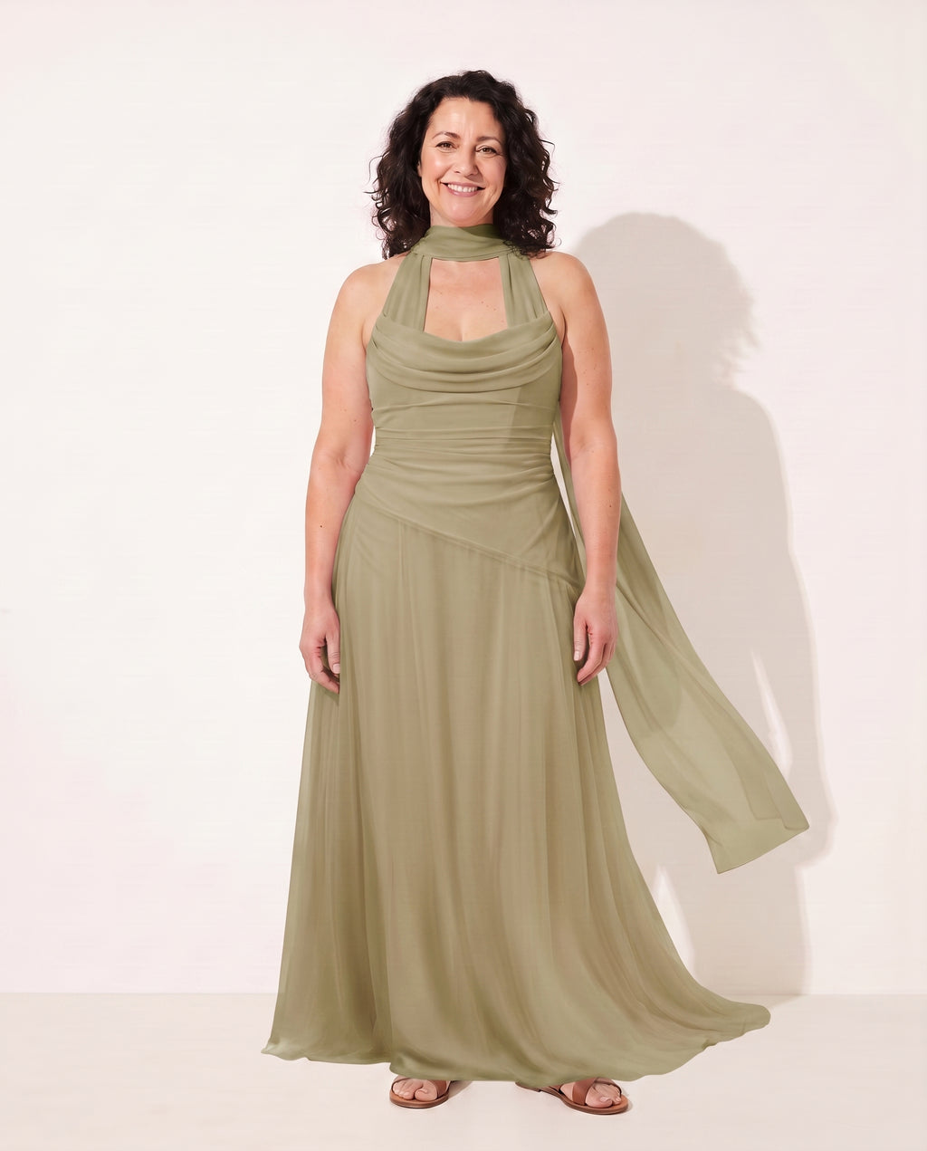 Odette | Winter Wedding Guest Dresses Draped Satin Maxi Gown — Sage Green