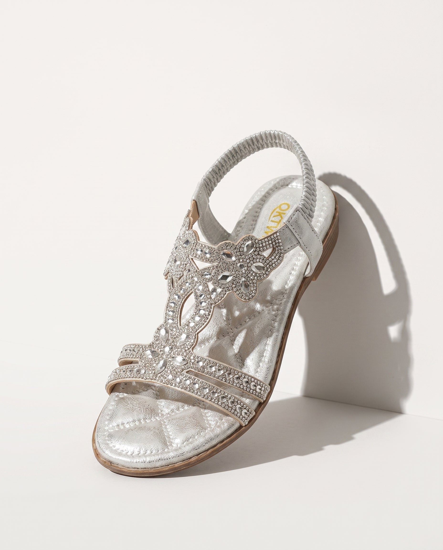 Coralie | Boho Embellished Flat Wedding Shoes – Jewelled Sandals — Silvery Grey