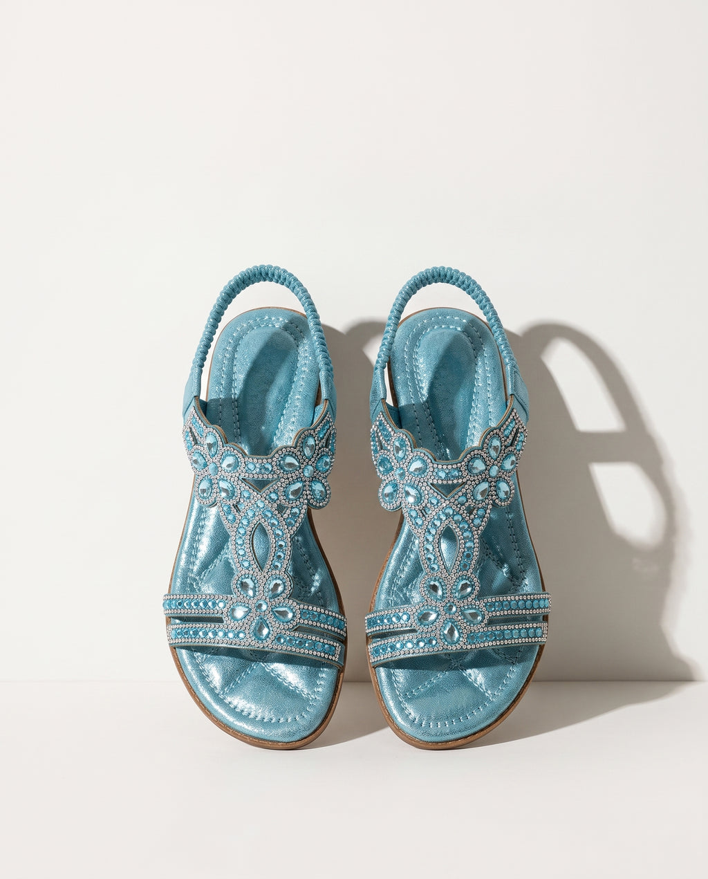 Coralie | Boho Embellished Flat Wedding Shoes – Jewelled Sandals — Sky Blue