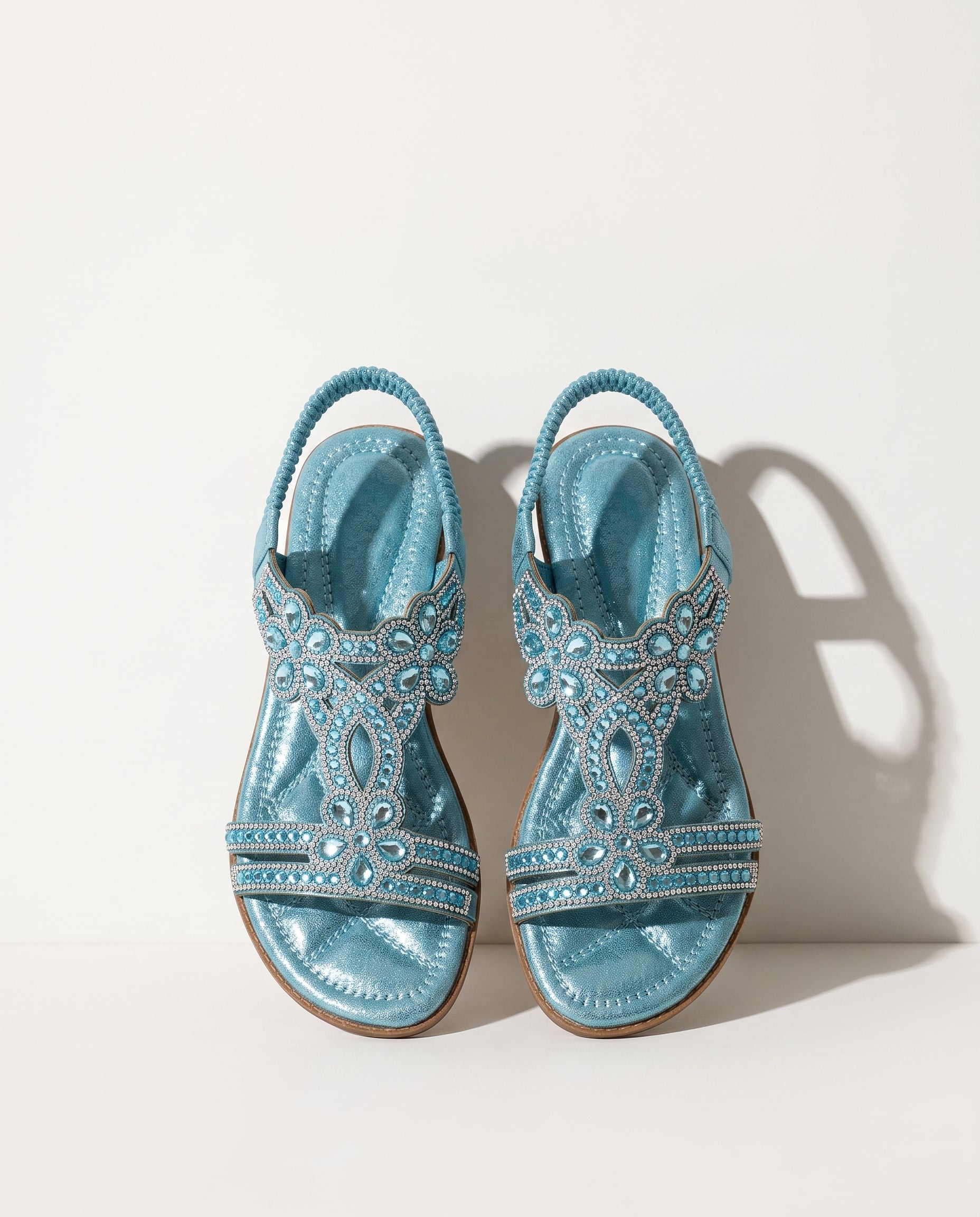 Coralie | Boho Embellished Flat Wedding Shoes – Jewelled Sandals — Sky Blue