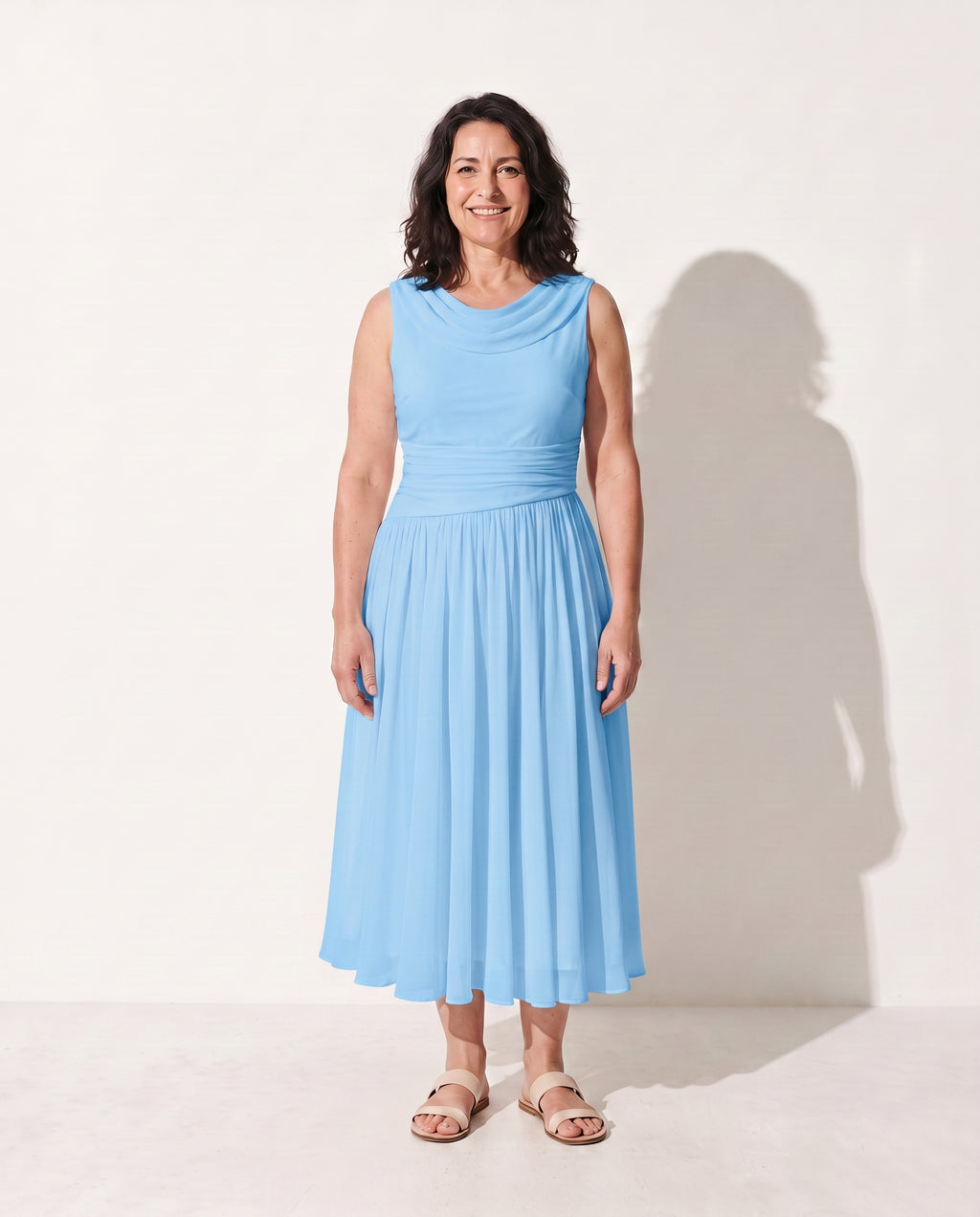 Sabine | Long Sleeve Pleated Midi Dress for Weddings & Occasions — Sky Blue