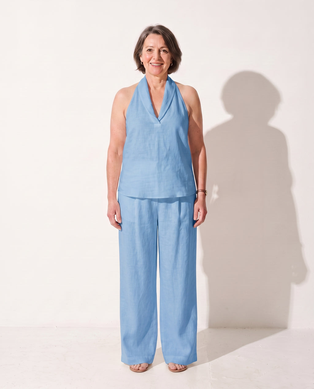 Mirabelle | Camel Wide Leg Trousers Halterneck Co-Ord Set — Sky Blue