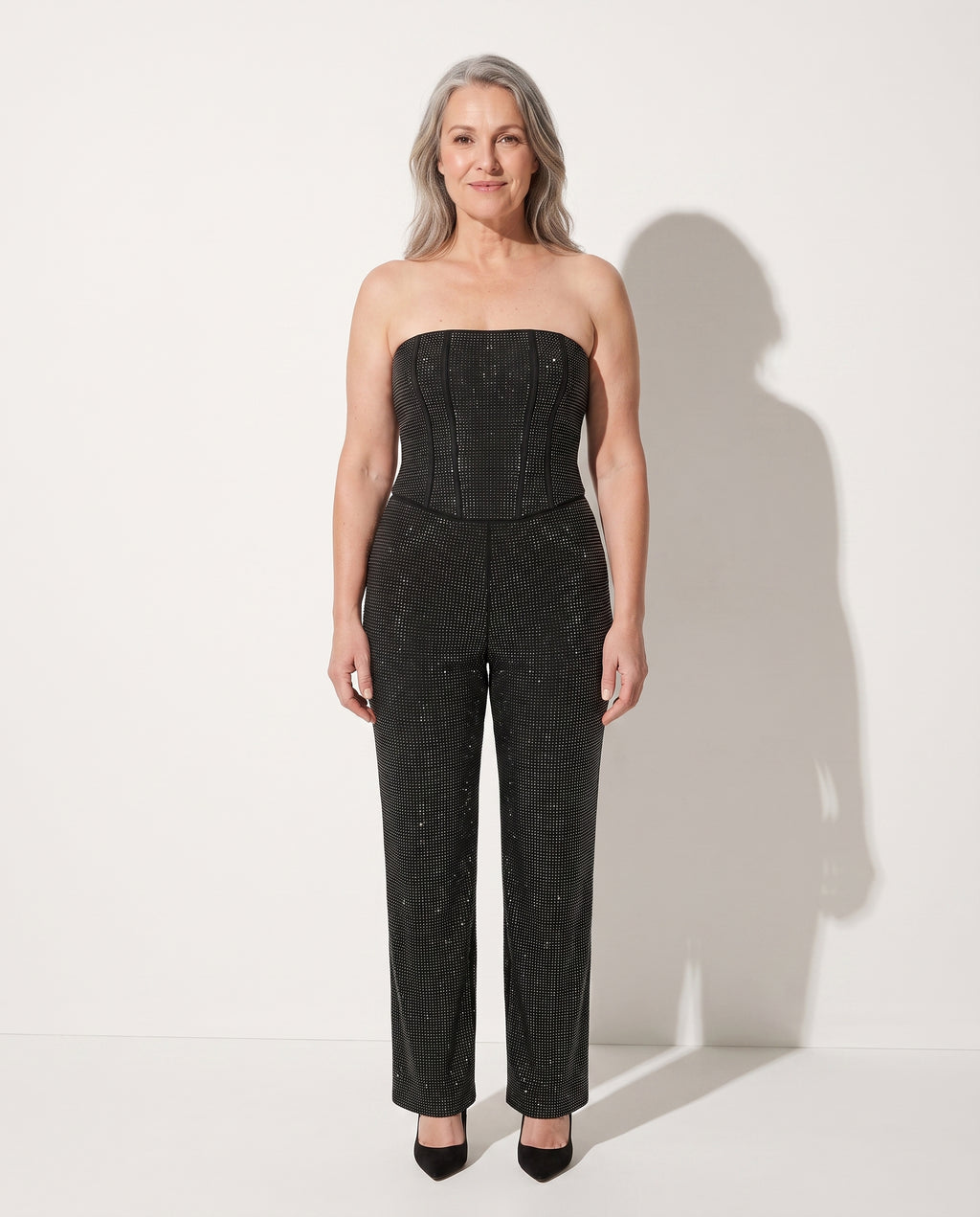 Bryony | Sequin Denim Palazzo Pants & Corset Top Co-Ord Set — voorkant