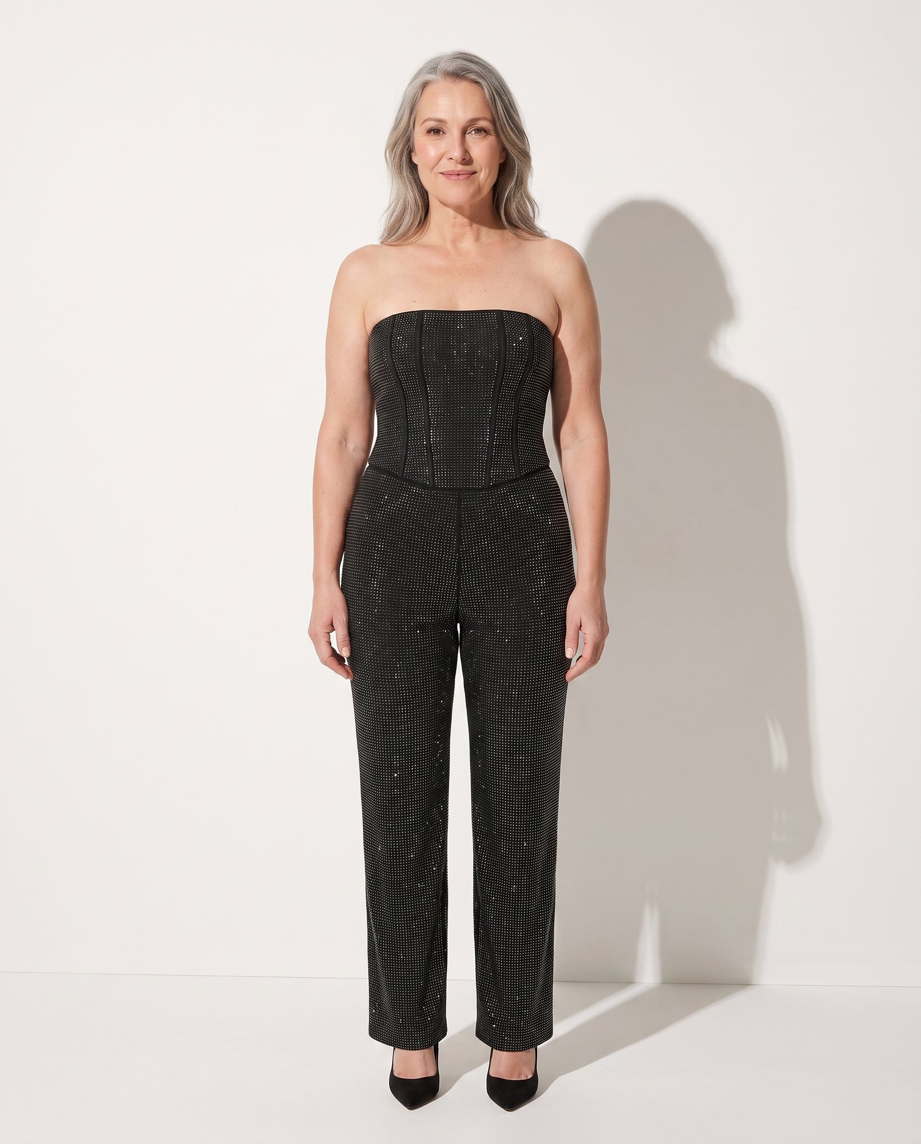 Bryony | Sequin Denim Palazzo Pants & Corset Top Co-Ord Set — voorkant