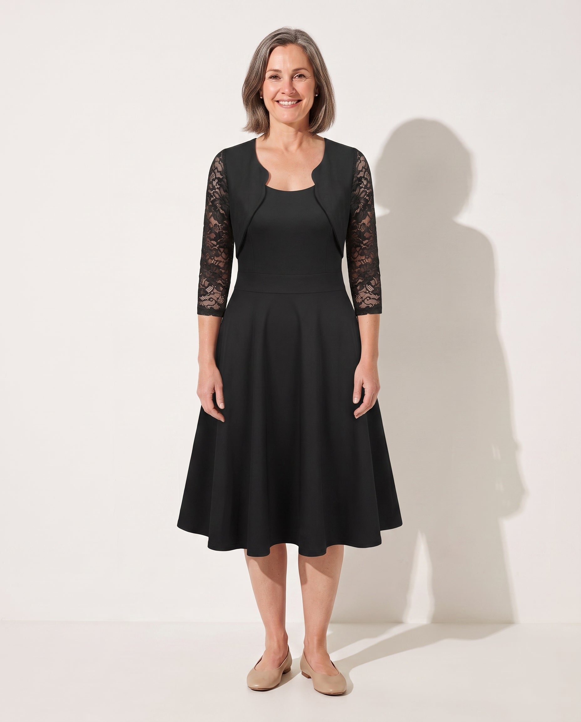 Sabine | Long Sleeve Lace Midi Wedding Guest Dresses — voorkant