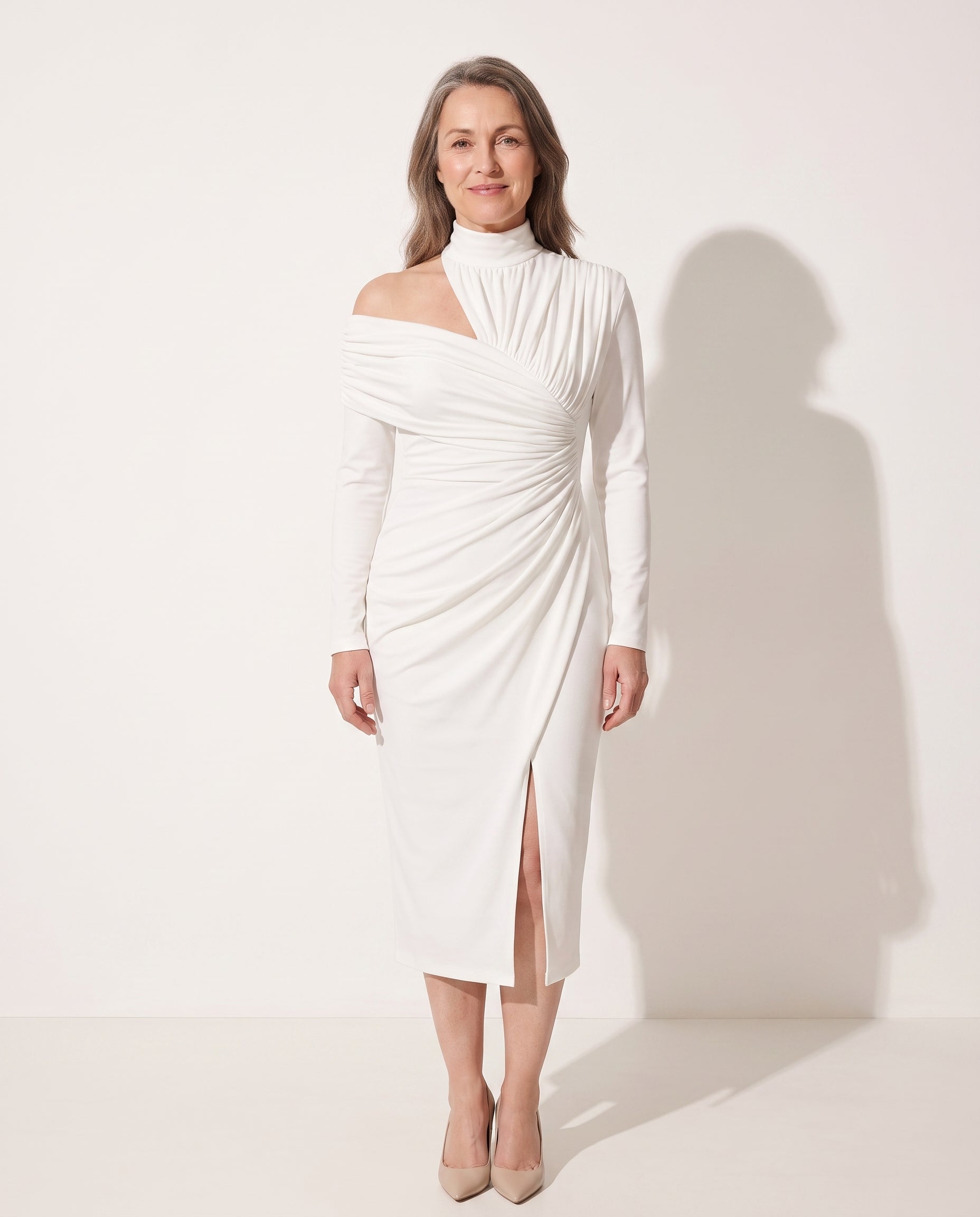 Romilly | Ruched One Shoulder Midi Wedding Guest Dress — voorkant