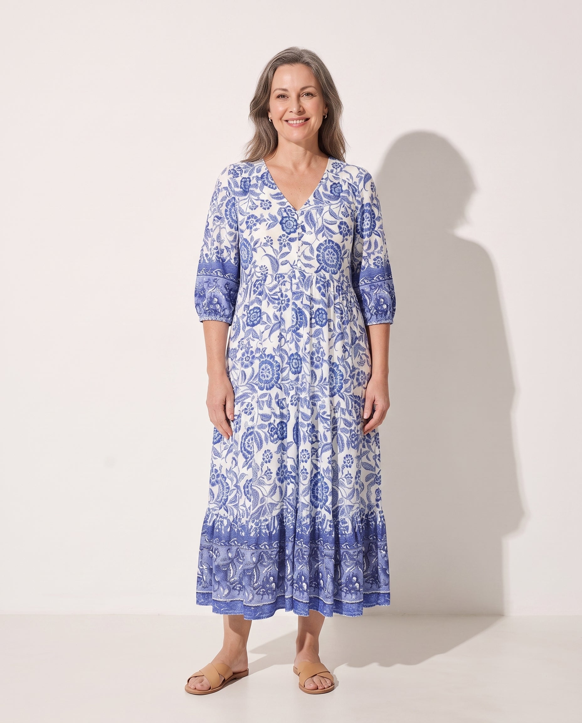 Faustine | Long Sleeve Floral Midi Dress For Garden Parties — voorkant