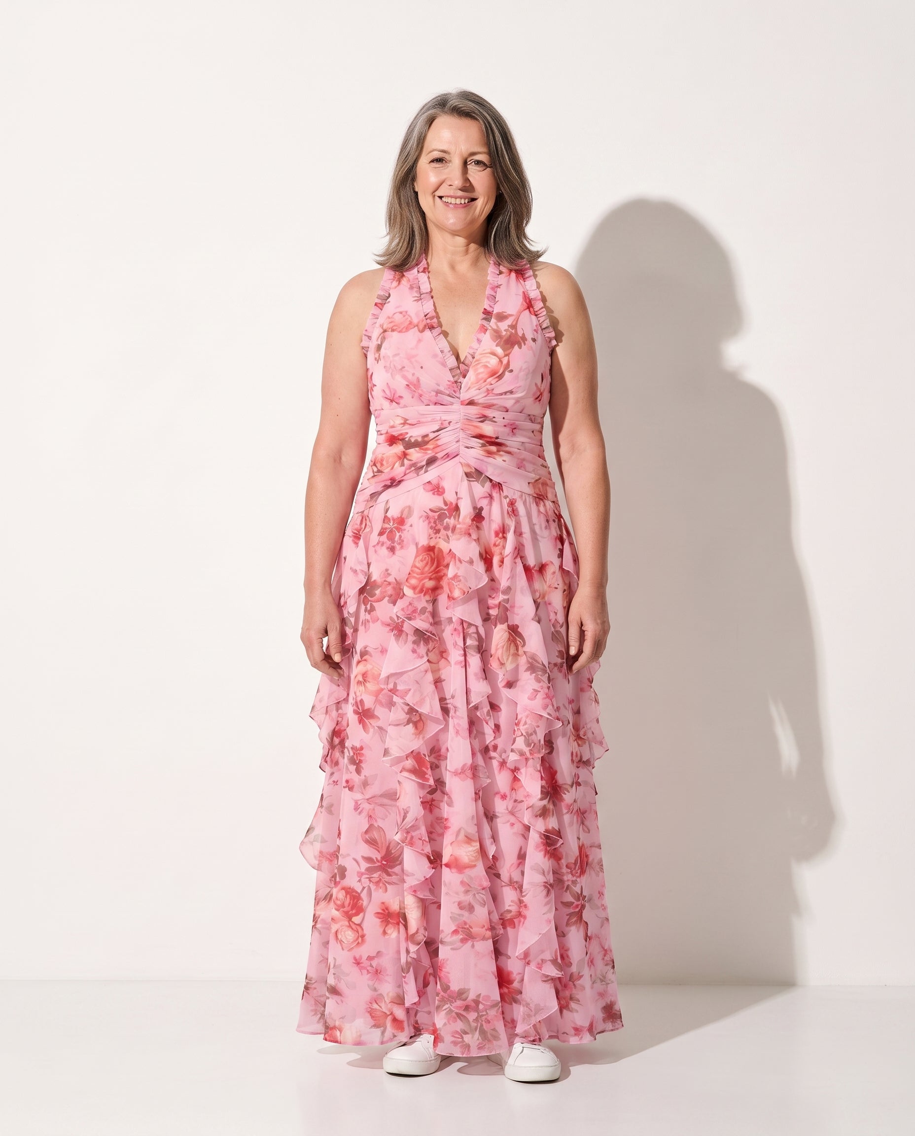 Aurelia | Floral Print Halterneck Maxi Dress For Weddings — voorkant