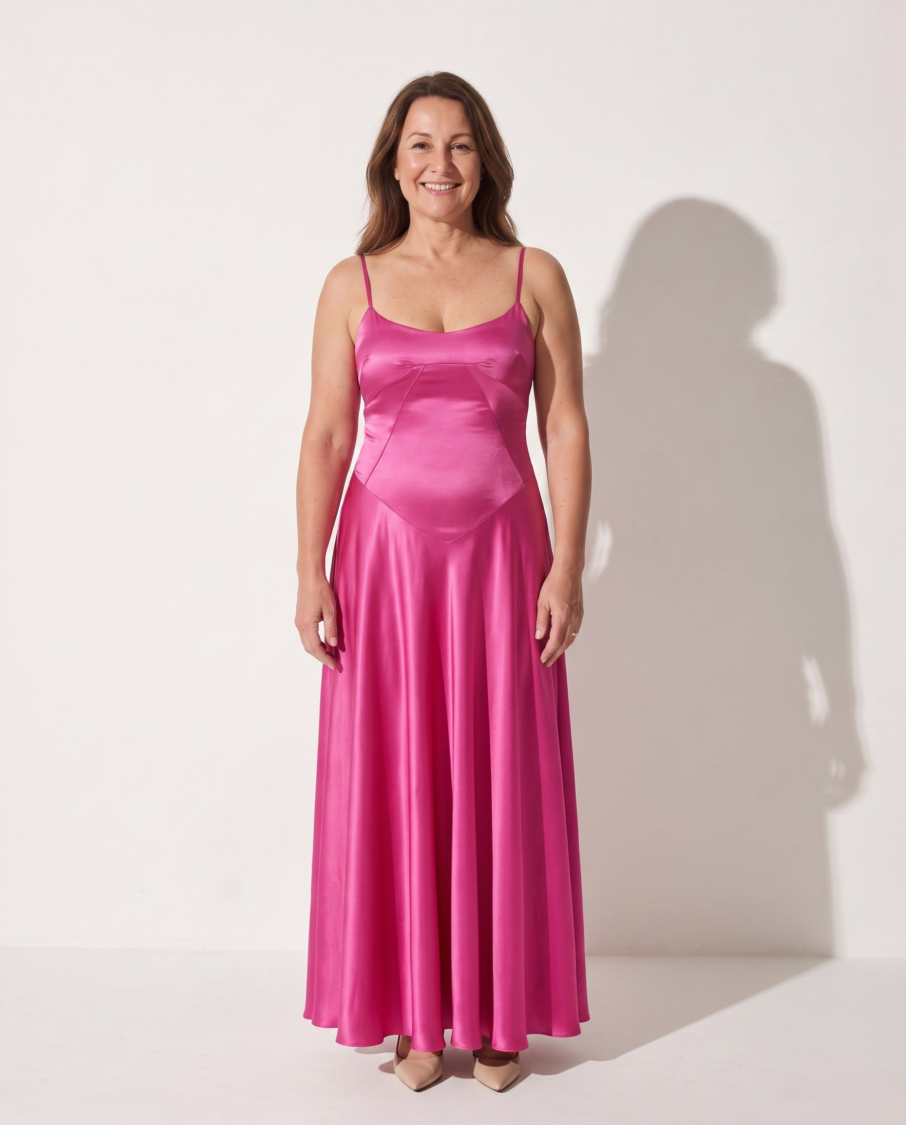 Camille | Long Sleeve Satin Wedding Guest Maxi Dress — voorkant