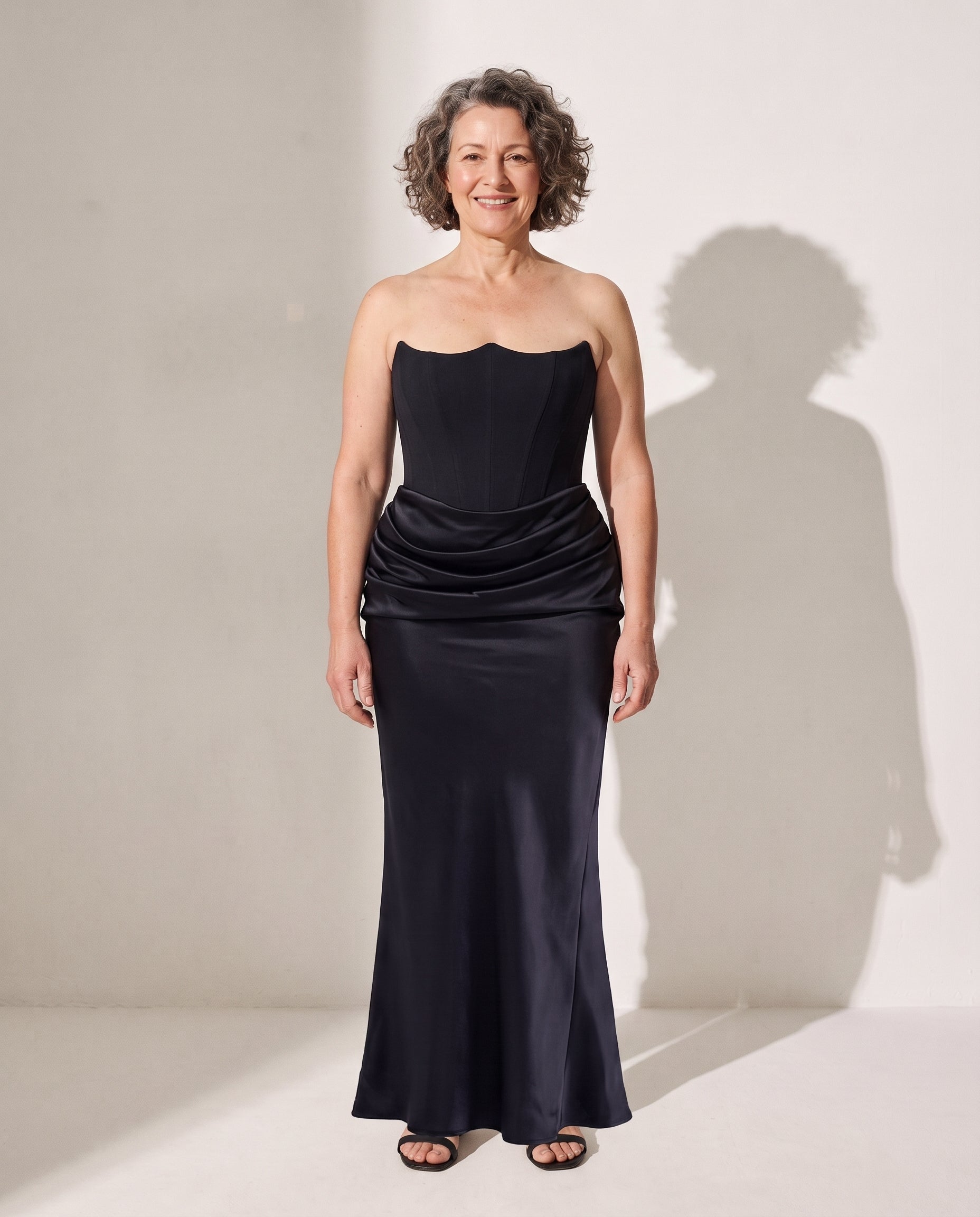 Ursula | Brown Satin Strapless Bodice Maxi Evening Dress — voorkant