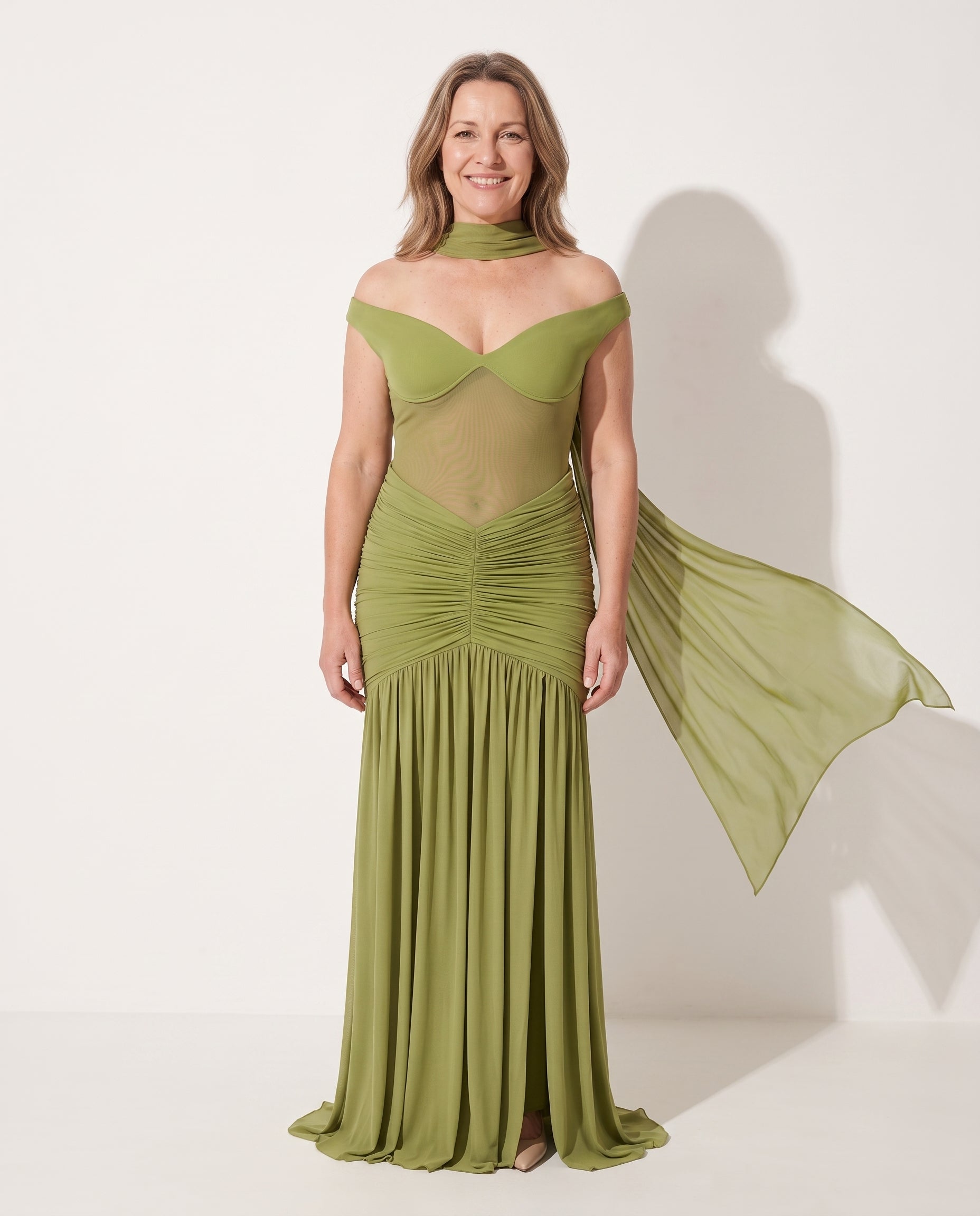 Yolanda | Evening Off Shoulder Ruched Mesh Maxi Dresses — voorkant