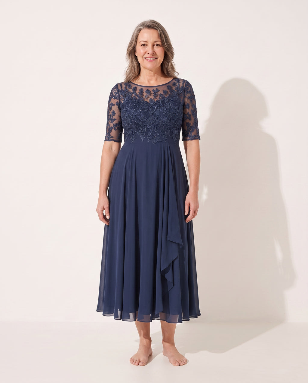 Delia | Embroidered Lace Midi Wedding Guest Dress — voorkant