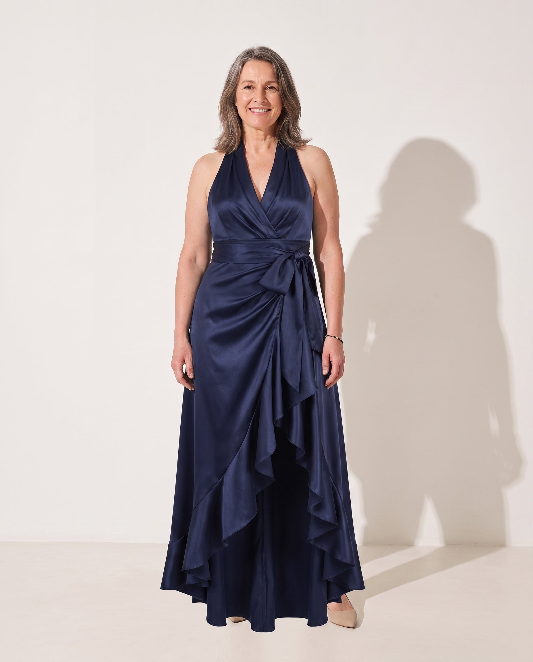 Cosima | Evening Maxi Dresses Halter Neck Satin Ruffle Hem — voorkant