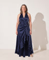 Cosima | Evening Maxi Dresses Halter Neck Satin Ruffle Hem